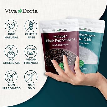 Viva Doria Malabar Whole Black Peppercorns, 12 oz + Mediterranean Sea Salt, Coarse Grain, 2 lb Grinder Refill Pack | Sea Salt & Whole Black Pepper, 2-Piece Set