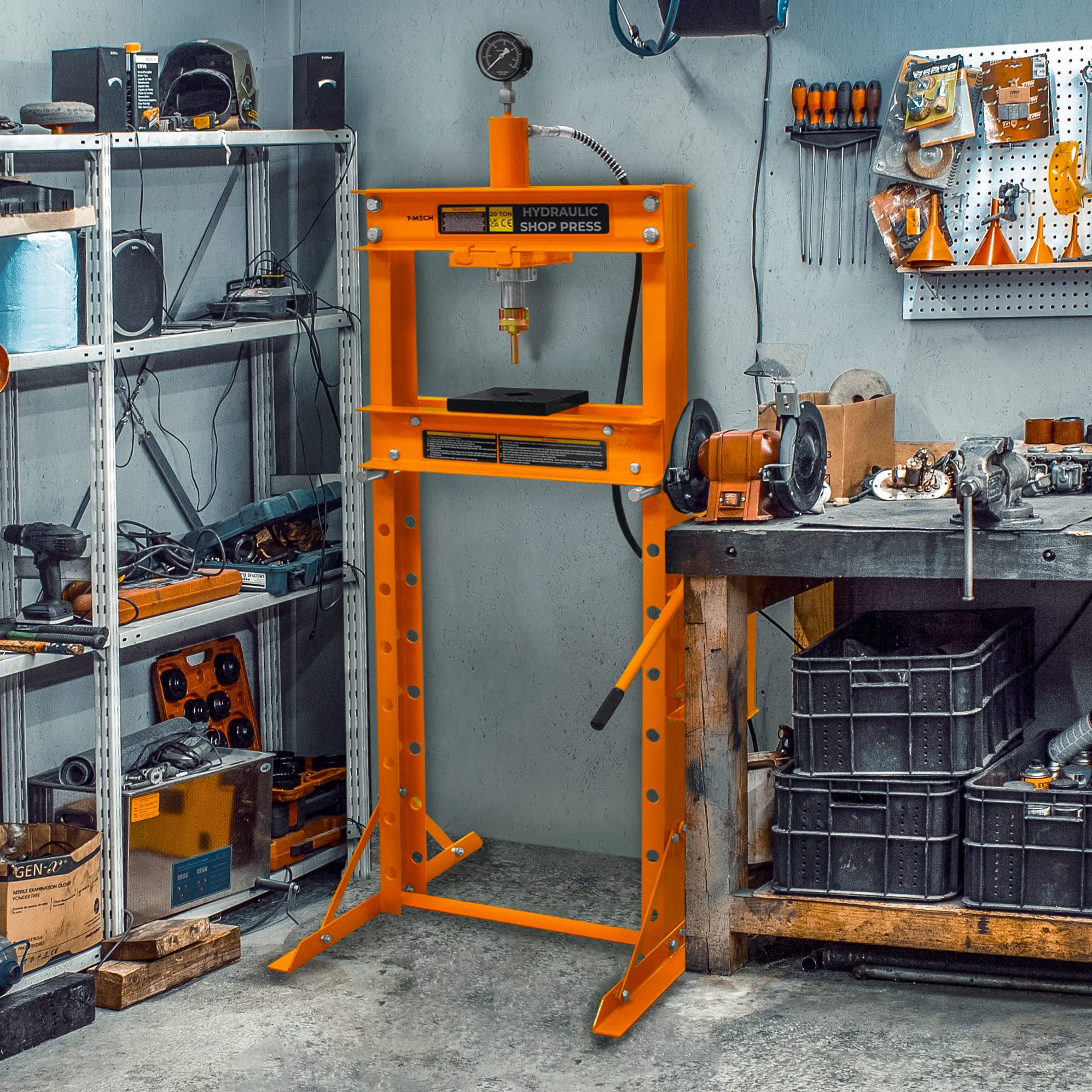 T-Mech Pressa idraulica da Officina 20 tonnellate da Pavimento in Acciaio Manometro Staccabile Pompa a Mano Regolabile 0-1015 mm Area di Lavoro Verticale Officina Garage 8 cilindri e 1 Adattatore