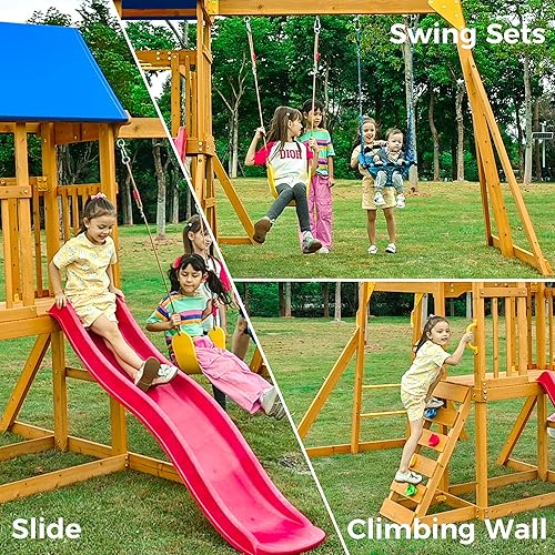 Miniatura 3 de Juego de madera con tobogán ondulado, juego de parque infantil con barras de mono para niños, juego al aire libre con columpio para niños pequeños,