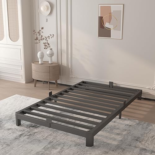 Miniatura 10 de Base de cama Queen de 4 pulgadas, no necesita somier, base de cama de plataforma con juntas de metal, soporte de listones de acero resistente, tapón