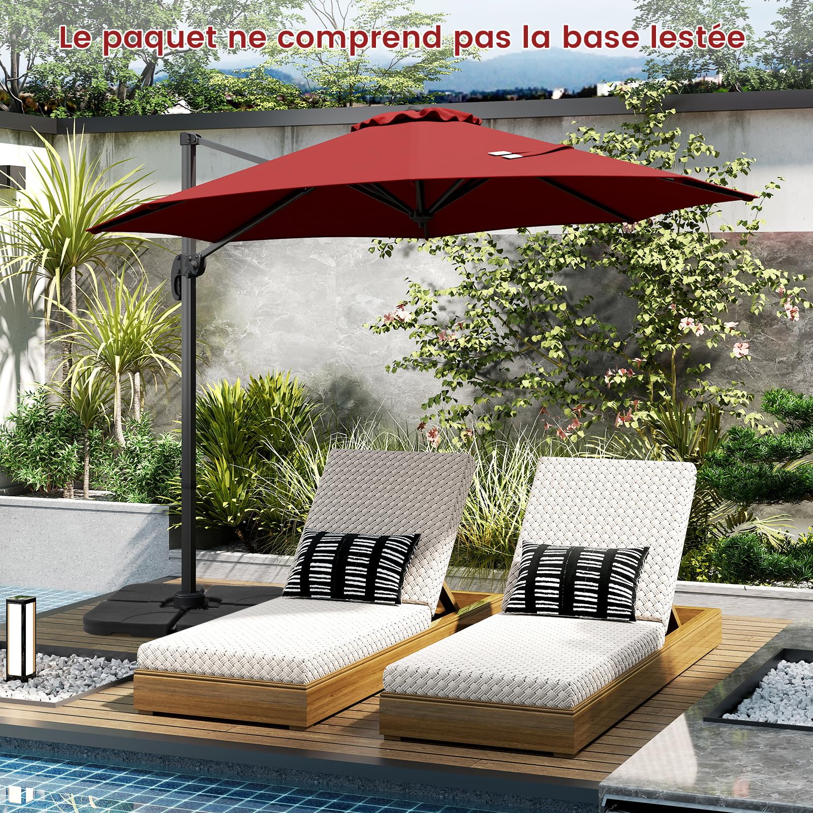 COSTWAY Parasol Déporté Professionnel 3M, Parasol de Jardin Exterieur avec Pied et Manivelle, Anti-UV, Pivotant à 360°, Inclinable, Poteau en Aluminium, pour Terrasse, Patio, Balcon (Bordeaux)