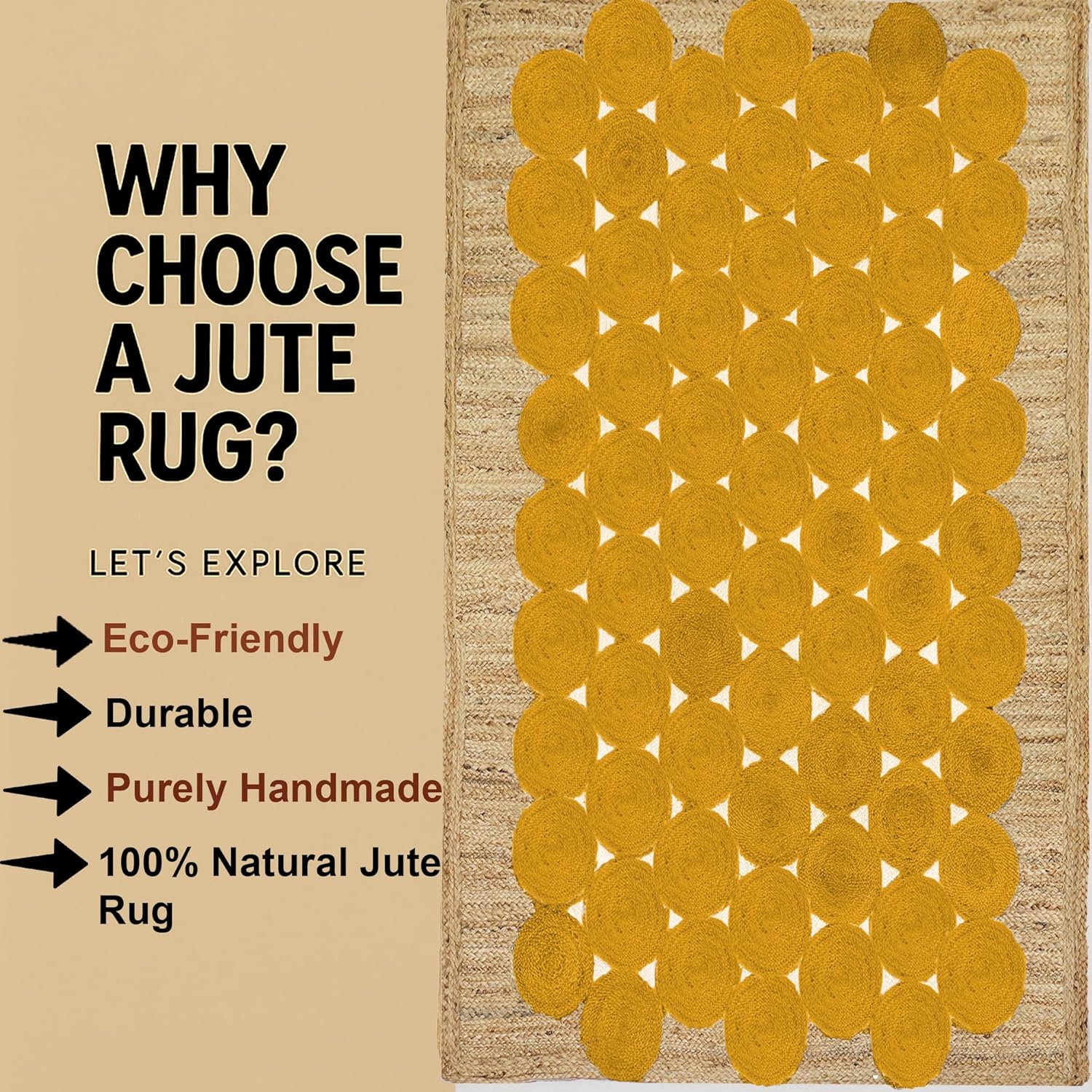 Premium Quality Jute Rug 7x7 Feet Area Rug Natural Fiber Jute Rugs Thick 0.27'' Yellow Circular Pattern Geometric Square Rugs for Living Room, Kids Room, Indoor Outdoor Carpet