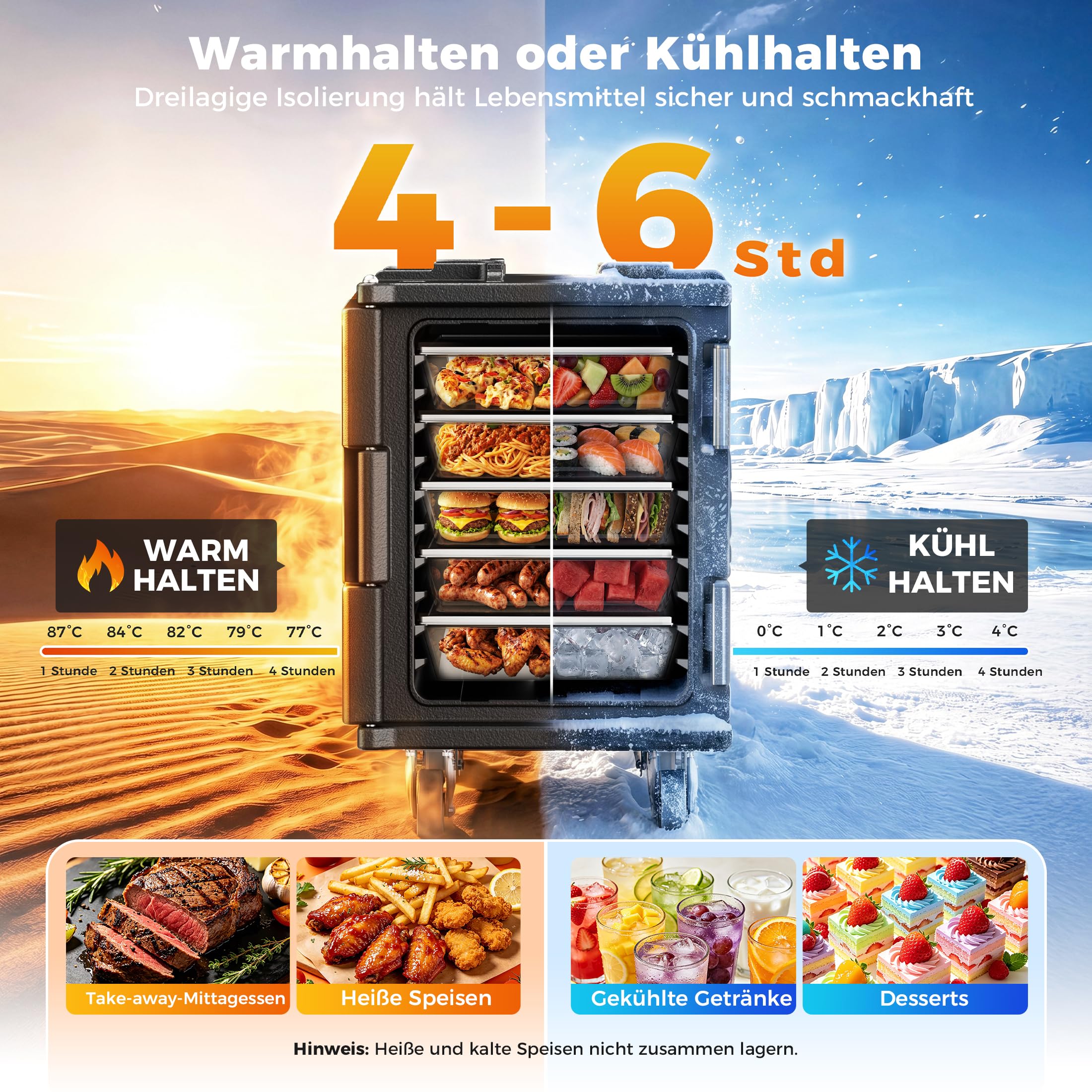 75L Thermobox Frontlader mit Drehrollen, LLDPE Isolierte Transportbox | mit 304 Edelstahlriegel, Warmhaltebox Stapelbar für 5x GN 1/1 Behälter(Nicht), Ideal für Lieferservice und Catering
