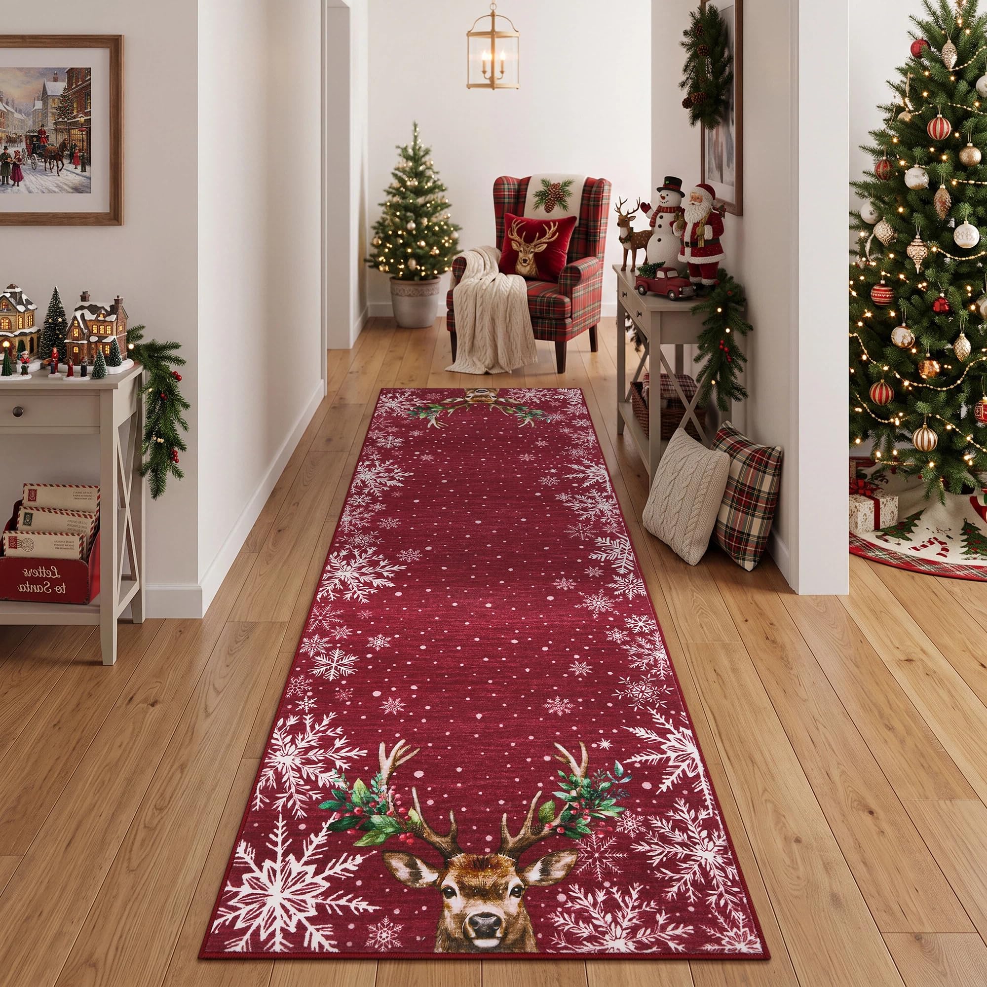 FairyStyle Reindeer Christmas Runner Rug 60x180 cm, Snowflake, Dark Red