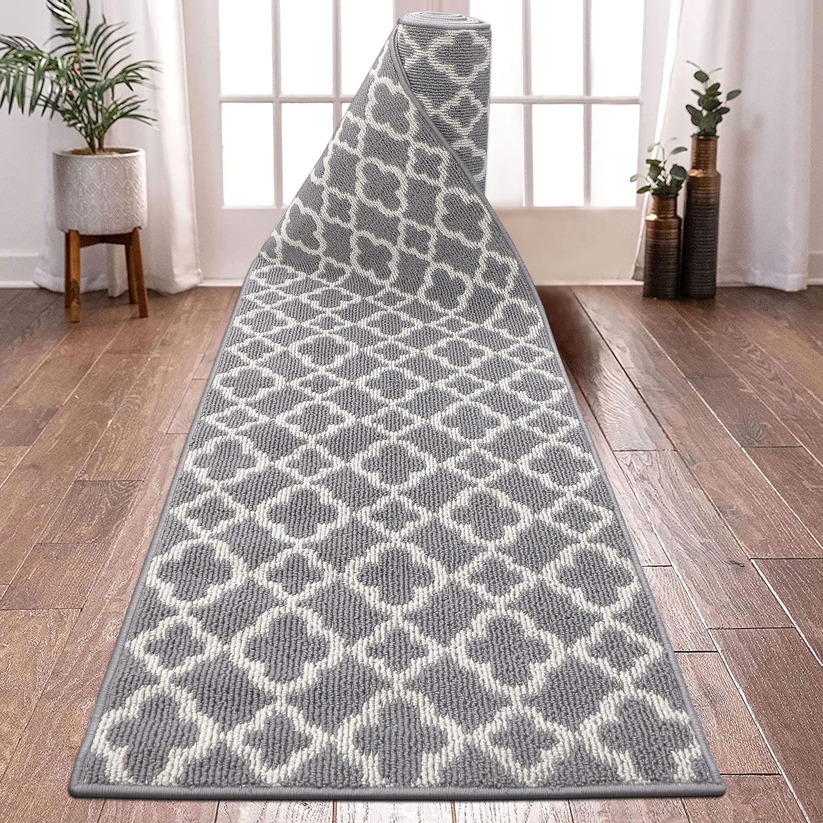 U'Artlines Long Runner Rug for Hallway 2×10feet Non Slip Kitchen Floor Carpet Runners Grey Geometric Pattern Machine Washable Area Rug for Entryway