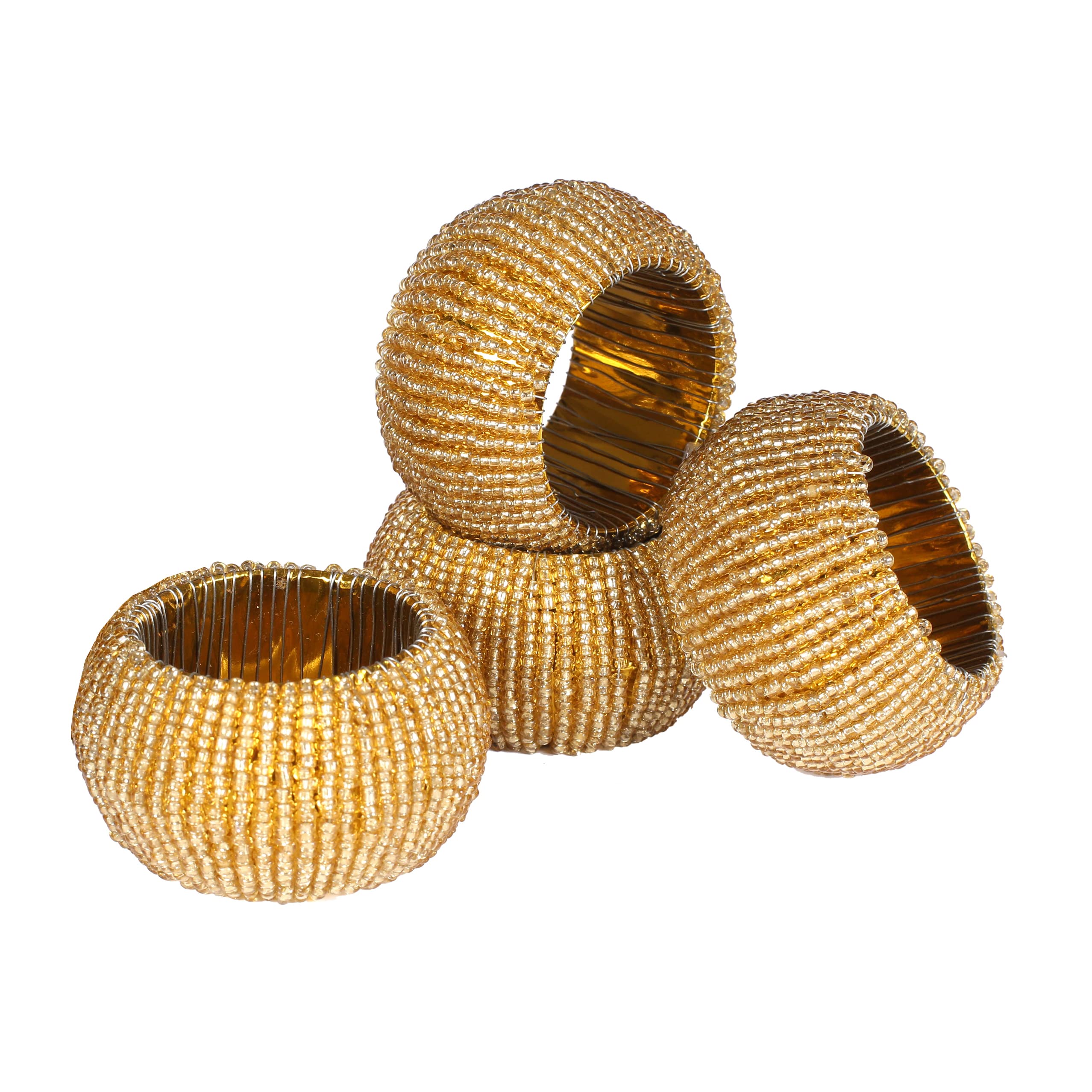 Goroly Home Beaded Napkin Rings Set of 4, Hand Made Round Beaded Napkin Rings for Christmas, Thanksgiving, Dinner Parties - Aesthetic Decor for Your Table Setting - Gold