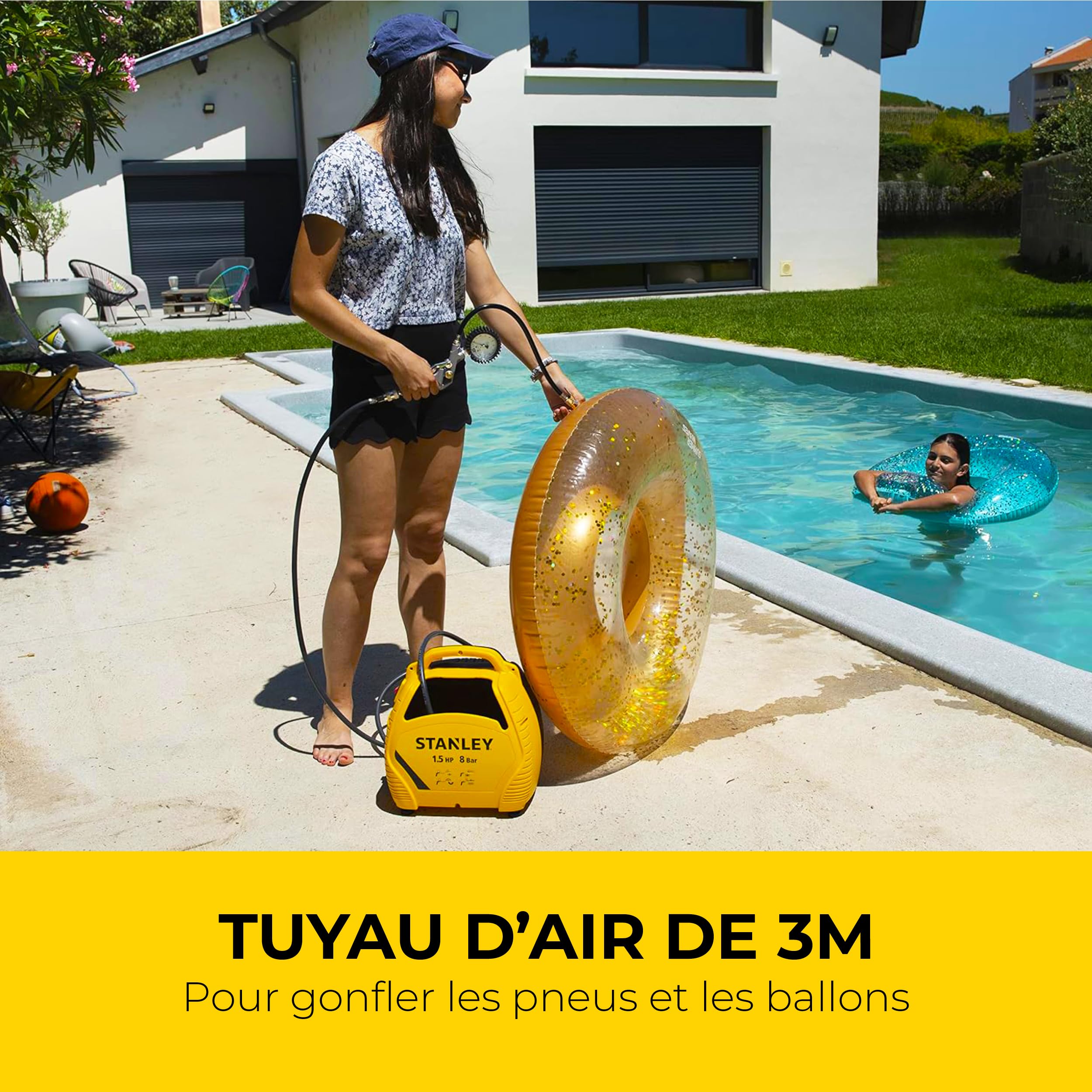 Stanley Compresseur à Air 8 Bar avec Outils Pneumatiques - Incl. Tuyau d'Air 3M, Pistolet à Air avec Manomètre et 3 Buses - Jaune