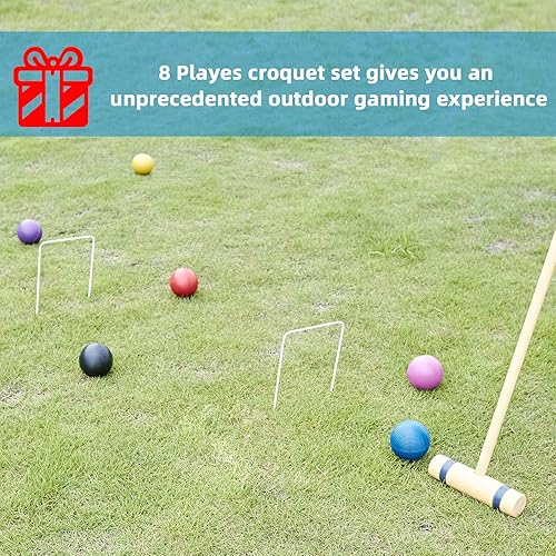 Miniatura 5 de Juego de fiesta de croquet de 28 pulgadas para 8 jugadores, hecho de madera de pino de larga duración, diversión familiar para patios, camping y