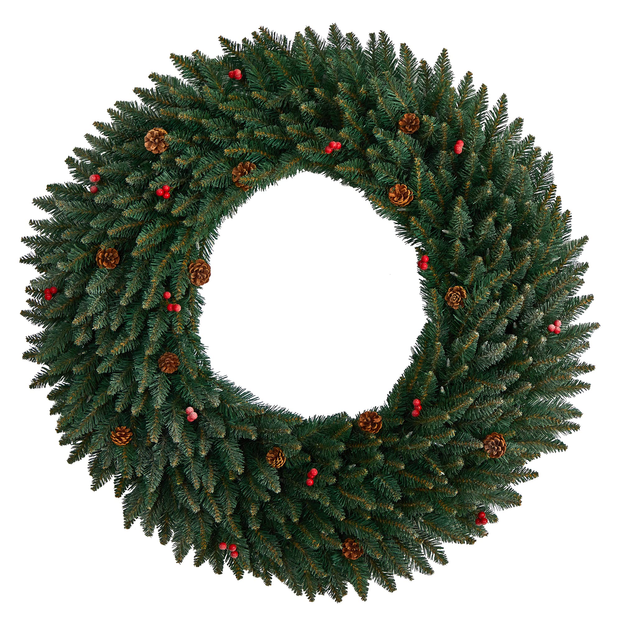 Nearly Natural 1,2 m großer beflockter künstlicher Weihnachtskranz mit Tannenzapfen, Beeren, 150 klaren LED-Lichtern und 400 biegbaren Zweigen