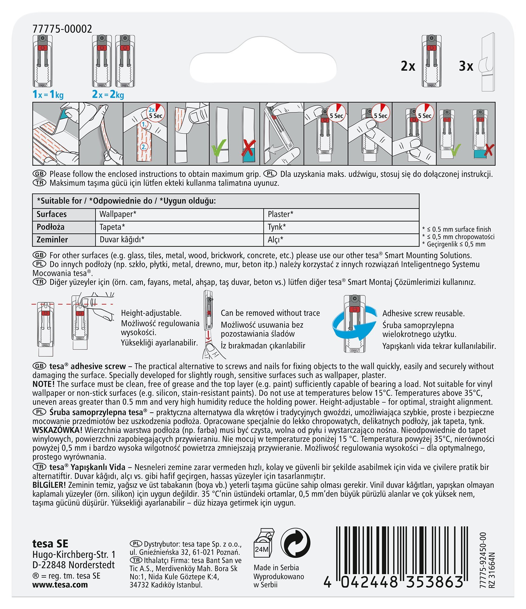 tesa® Adjustable Adhesive Screws for Wallpaper and Plaster - for Hanging and Aligning Objects up to 1 kg - Smooth and Irregular Surfaces - Reusable, Height Adjustable