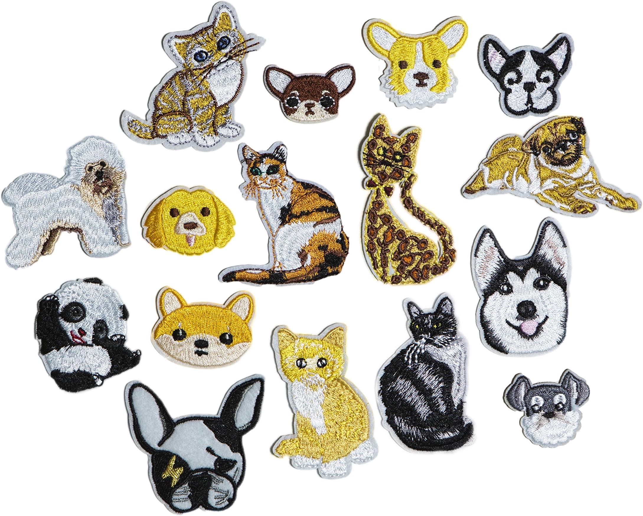 Set of 16 Assorted Embroidery Applique Decoration DIY Patch Animal Panda Dog Cat Fun Design Face Kit Iron On Shirt Jacket Bag Hat Pant Vest Jean Clothe Kid Birthday Gift