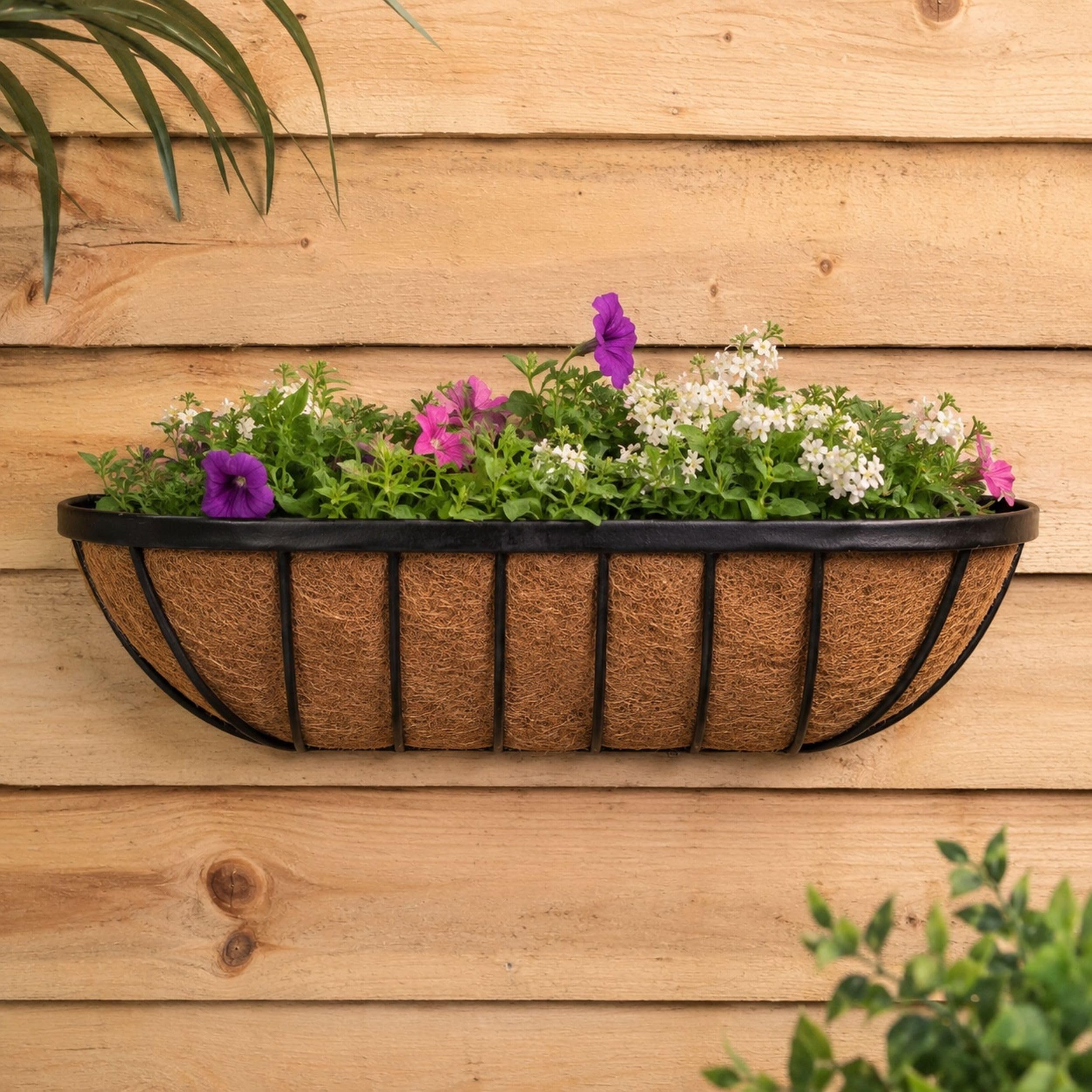 Shop4allsorts 24 Inch Metal Wall Trough Planter With Coco Liner - Black Wrought Iron Wall Mounted Garden Flower Basket - Hanging Wall Trough For Outdoor - Decorative Garden Wall Basket Planter.