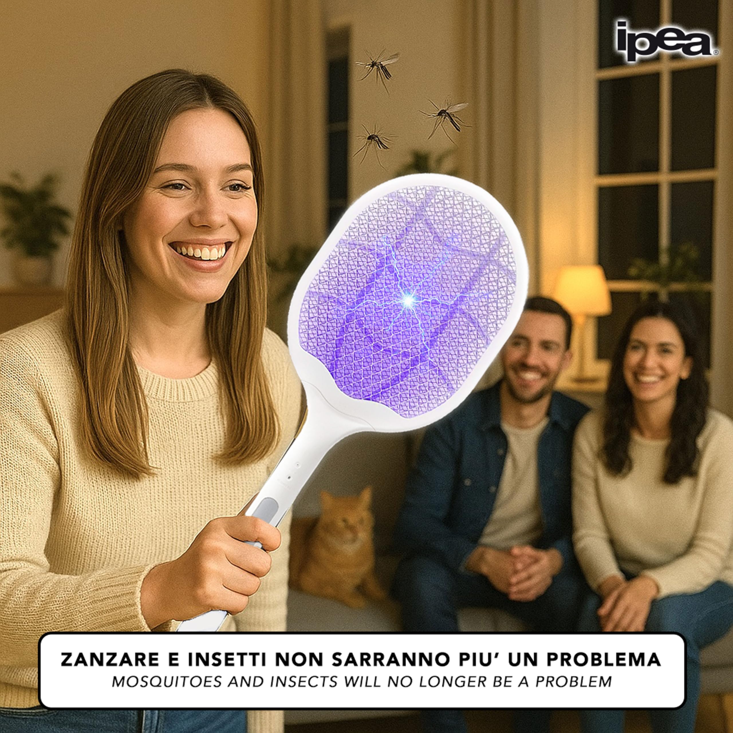 IPEA Racchetta Zanzare Elettrica Ricaricabile USB-C 2 in 1 3000V 1200 mAh