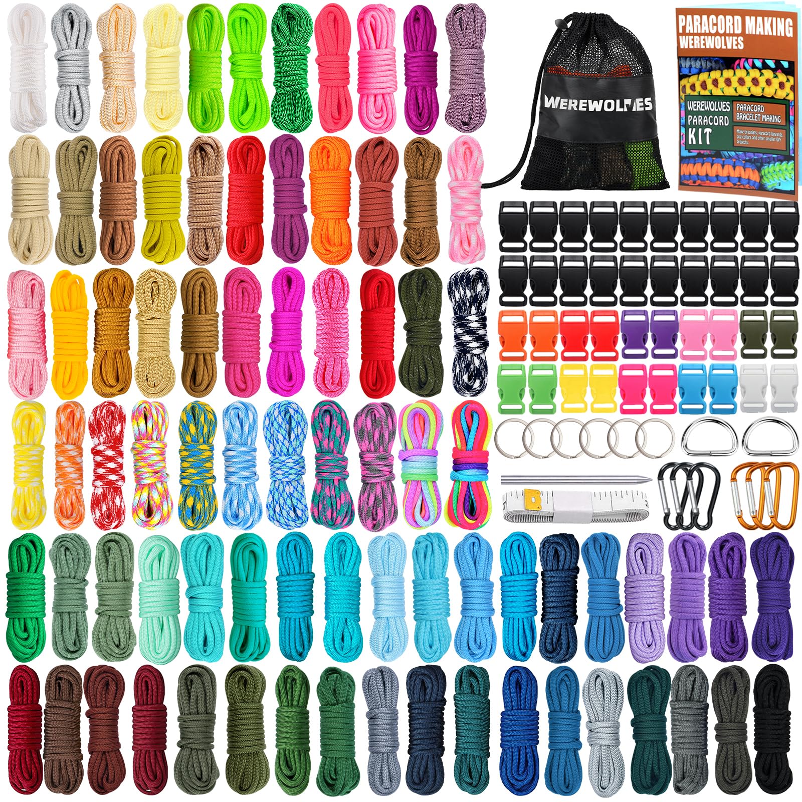WEREWOLVES Paracorde 550 80 couleurs, 3 m de cordes, kit de bricolage | Paracorde 550 pour bracelets - Corde de parachute complète et accessoires - Pour bracelets, colliers de chien, porte-clés