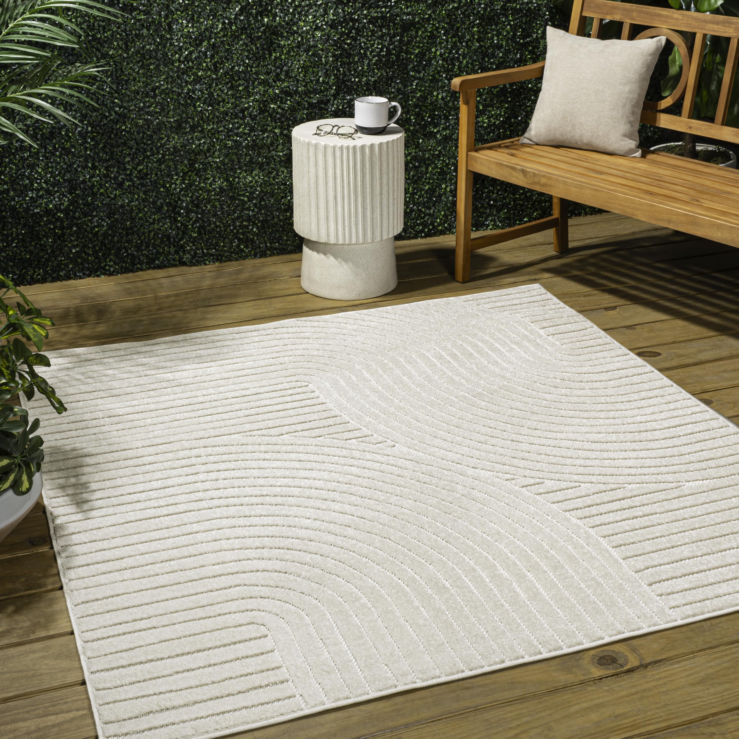 JONATHAN Y Hallie High-Low Curve Ivory/Cream 6x6 Square Indoor/Outdoor Area Rug, Minimalist, Pet Friendly, Non-Shedding, Stain Resistant,