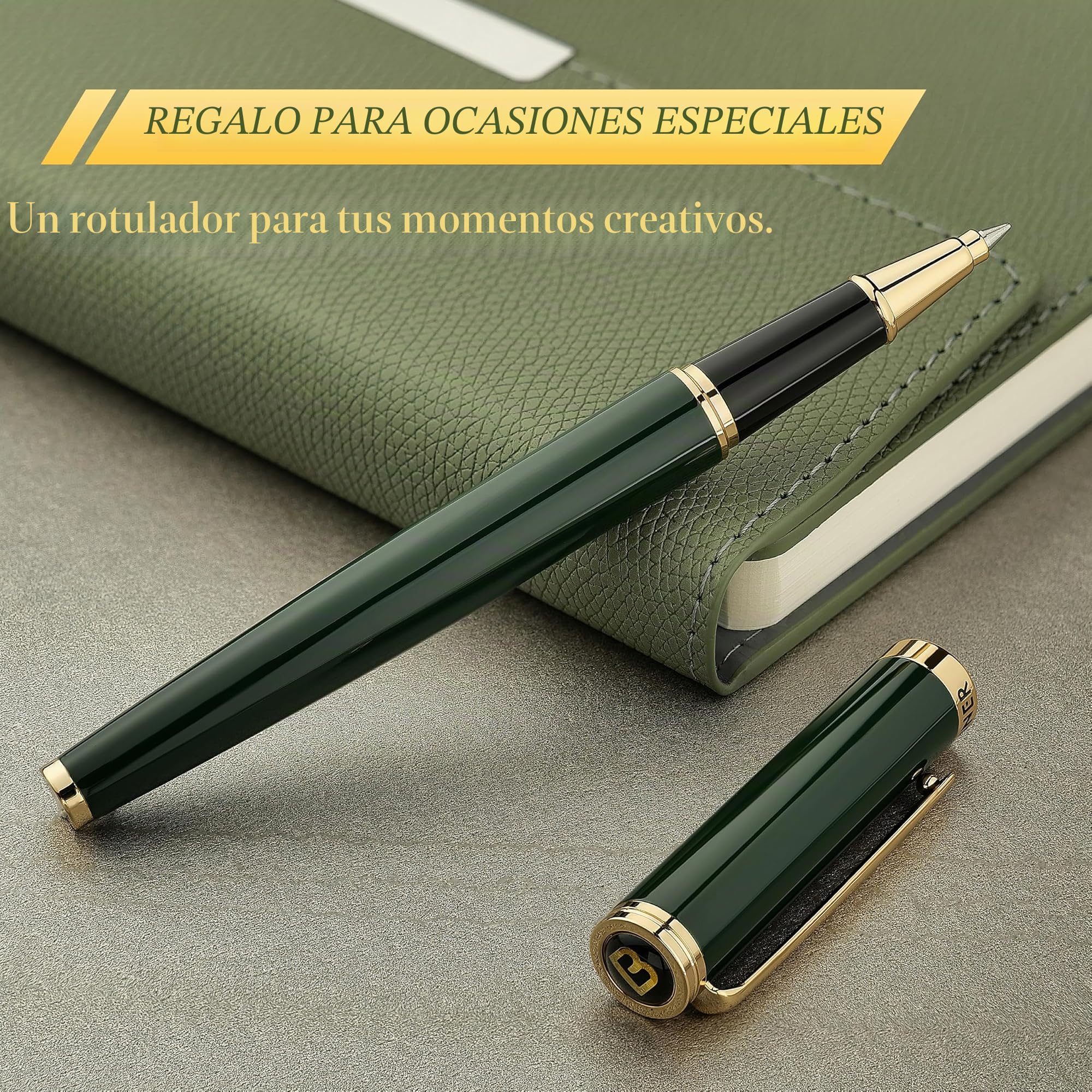 BEILUNER Bolígrafo Roller de Lujo, Detalles Dorados 24K, Diseños Nobles y Elegantes, Recambio Schneider, Mejor Set de Regalo para Hombre y Mujer, Profesional, Oficina Ejecutiva - Verde y Oro