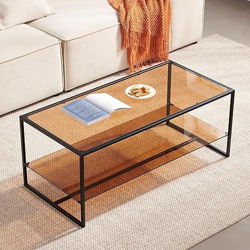 Miniatura 11 de Shrine - Mesa de café rectangular, diseño moderno de mediados de siglo, estructura de 2 niveles, parte superior de vidrio transparente y estante de