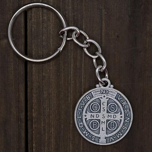 Miniatura 2 de Llavero de medalla de San Benito Metal plateado Santo patrón de los estudiantes y Europa Gran regalo católico para la primera comunión,