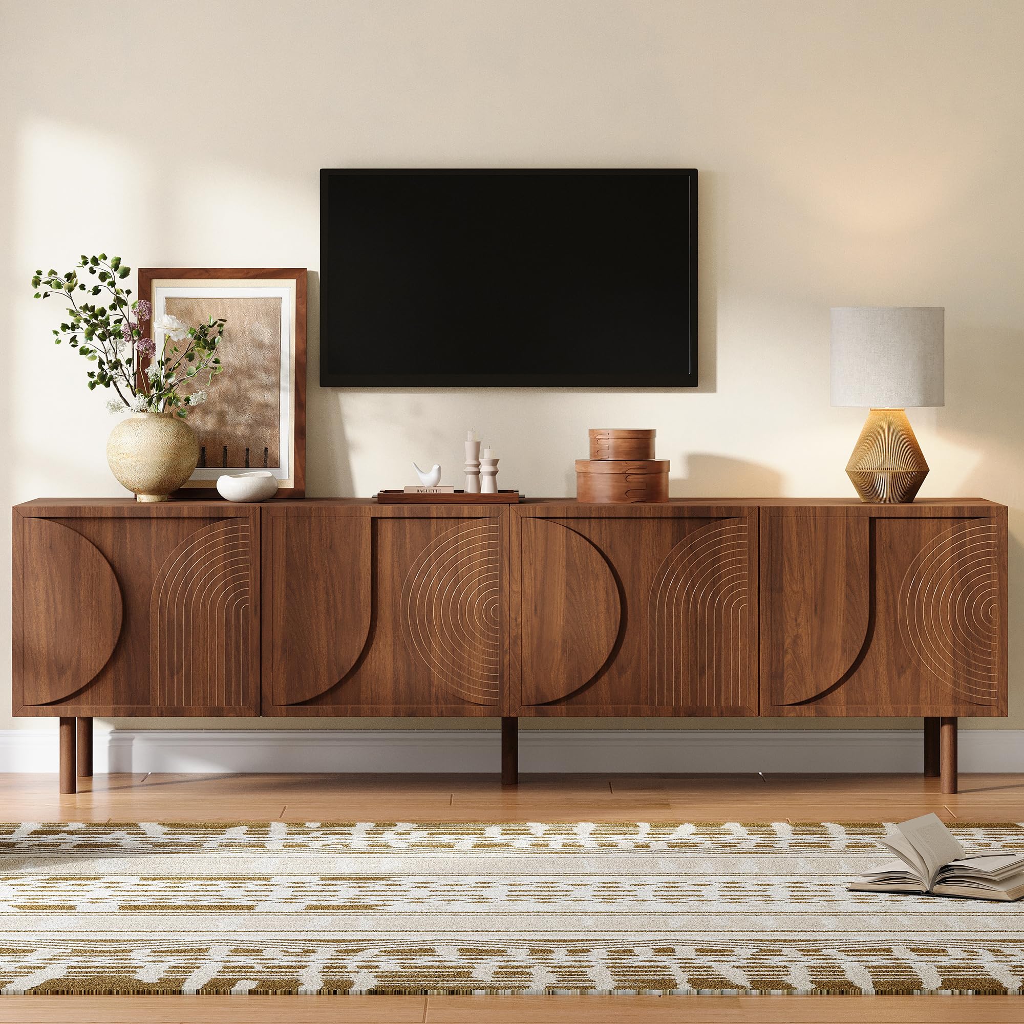 SUKY Mobile TV da 180 cm, mobile basso per TV da 75 pollici, 4 ante, 2 scomparti, moderno, con ampio spazio portaoggetti, design in rilievo 3D, colore legno di noce, 180 x 38 x 56,5 cm