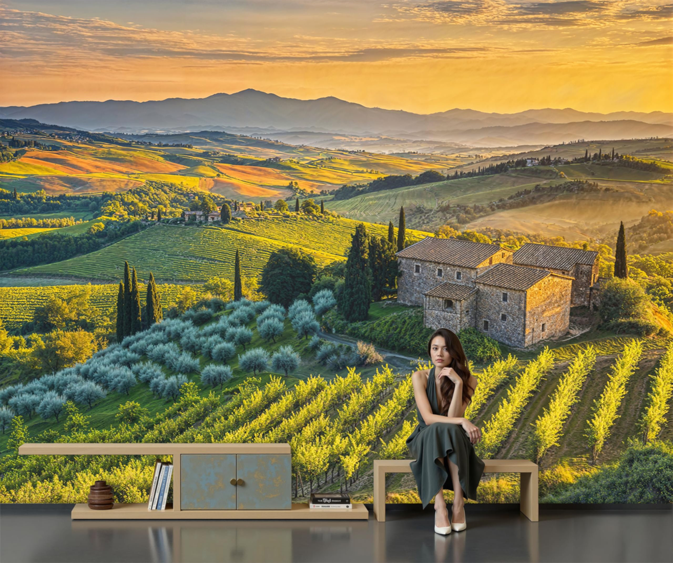 Papier Peint Soie Paysage pastoral pour habiller un grand fond TV et illuminer le salon
