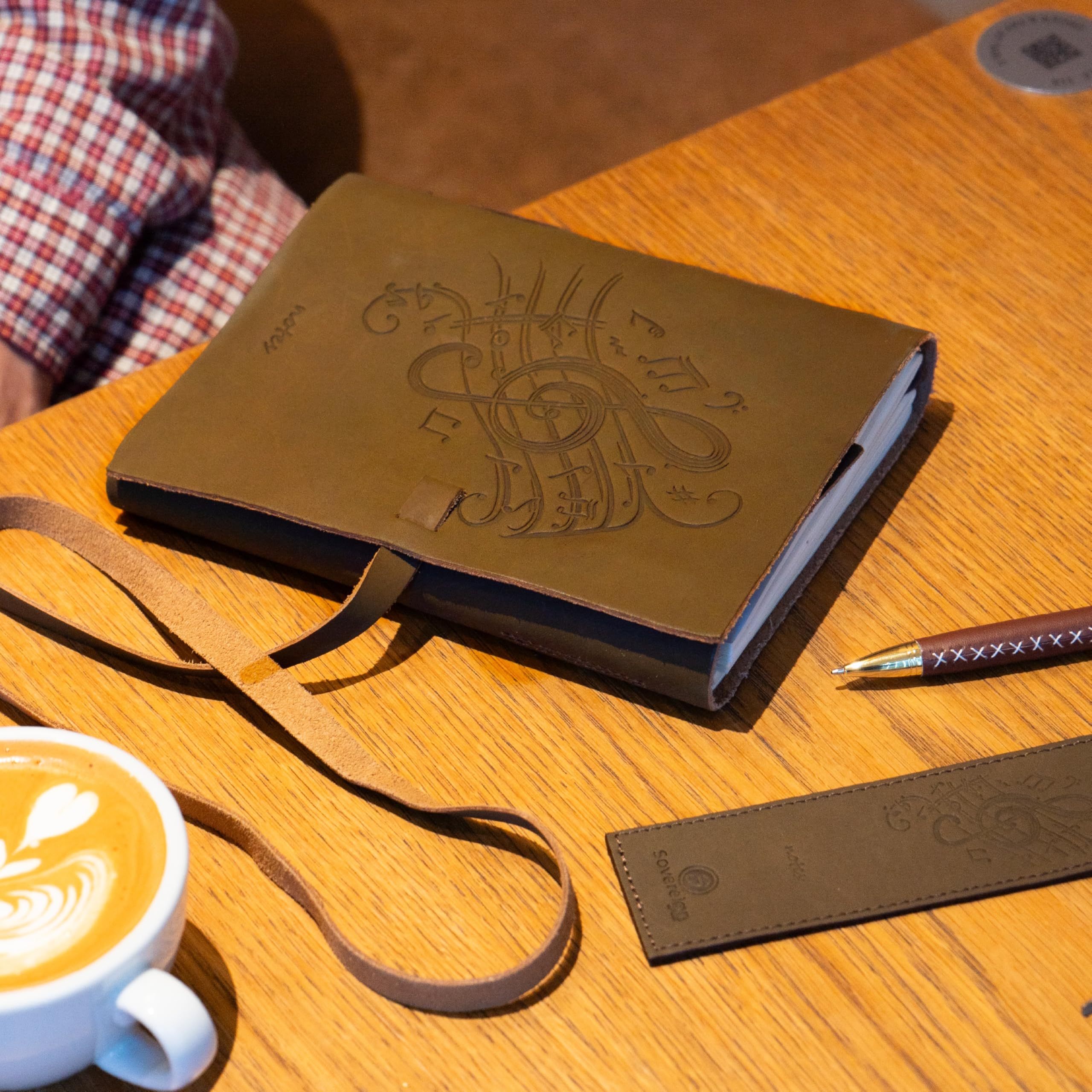 Leather Journal Embossed Music Gift Set + Antique Leather Bookmark + Pen, Handmade Writing Notebook 8x6 Inches Unlined Leather Bound Daily Notepad For Men For Women, Luxury Gift Box Diary for all ages