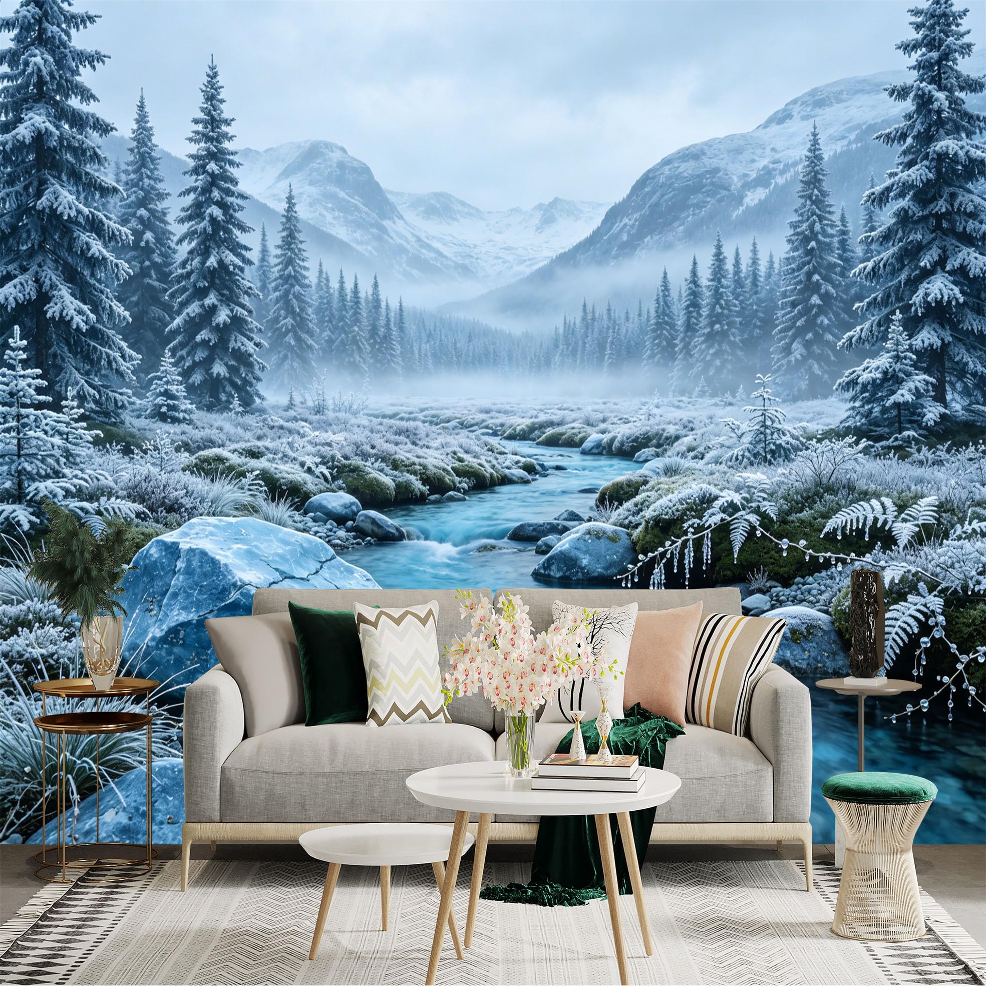 Custom Size Wall Sticker Mural， Frozen River with Snowy Forest and Mountain Landscape， for wall Decoration， peelandstick wall Decals.