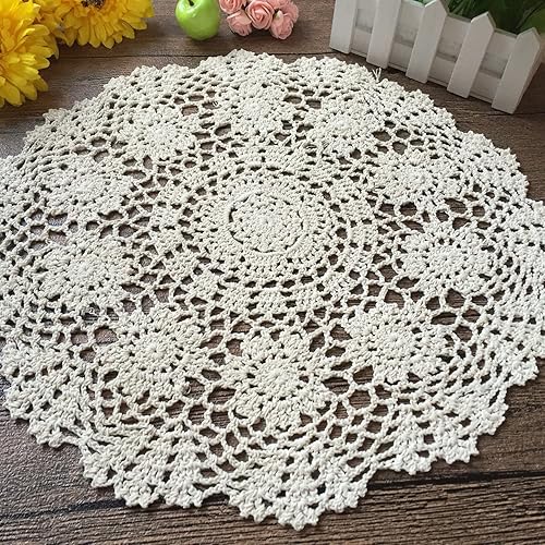 Vista 16 de Manteles redondos de encaje hechos a mano blancos de ganchillo de algodón de 22 pulgadas.