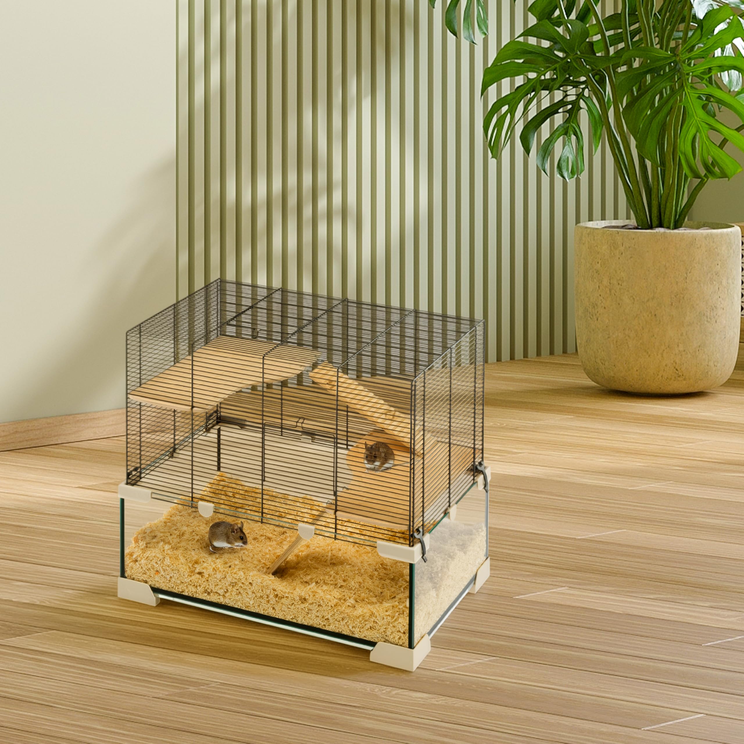 Ferplast Käfig für Hamster oder Mäuse Karat 60 Kleine Nagetiere, Zwei Ebenen mit Zubehör, aus Glas und Metallgitter