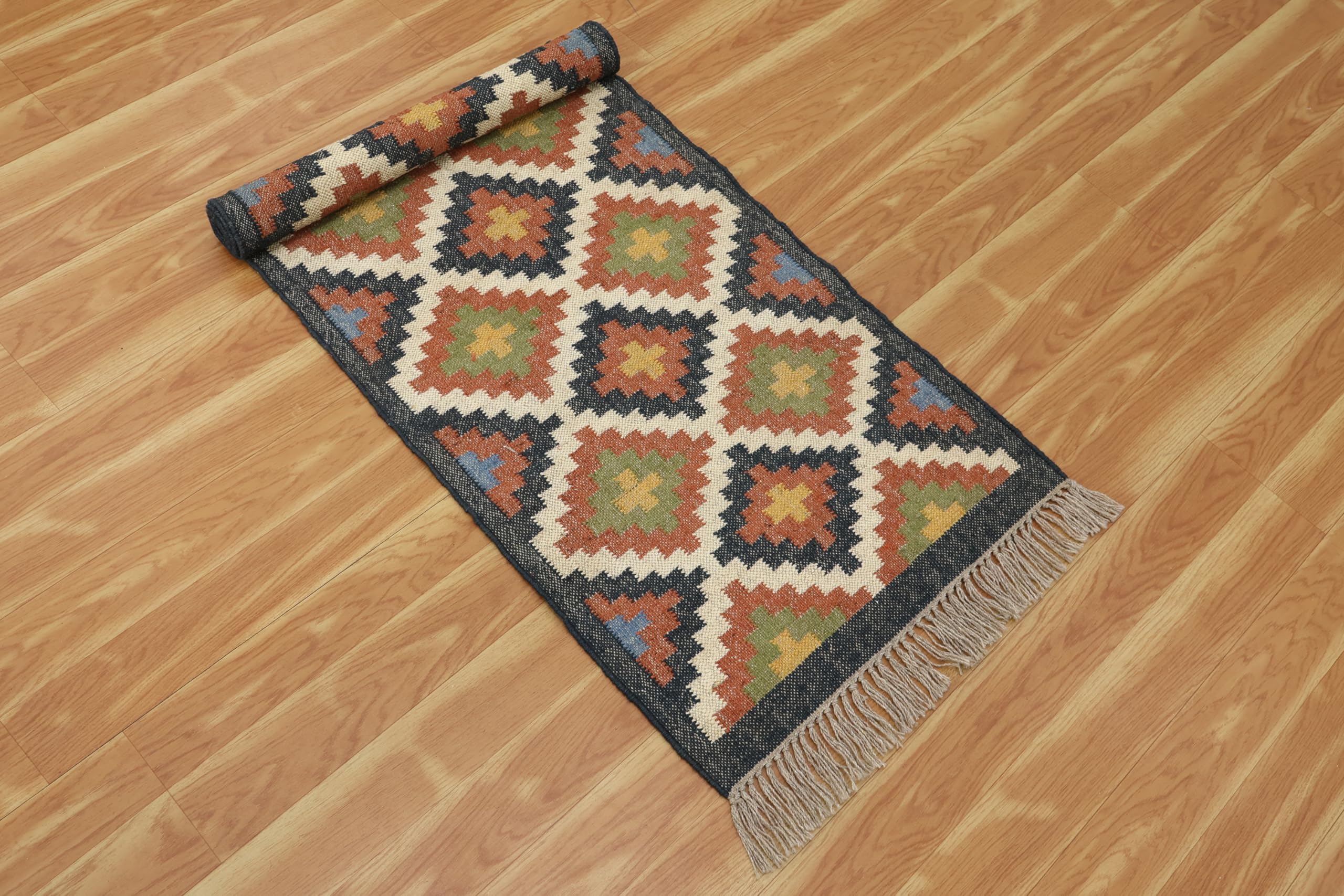 Tapis en jute tissé à la main 61 x 91 cm – Tapis bohème en laine de jute tissée à la main pour salon, bureau, maison – Tapis bohème en laine à tissage plat pour cuisine, jardin, yoga