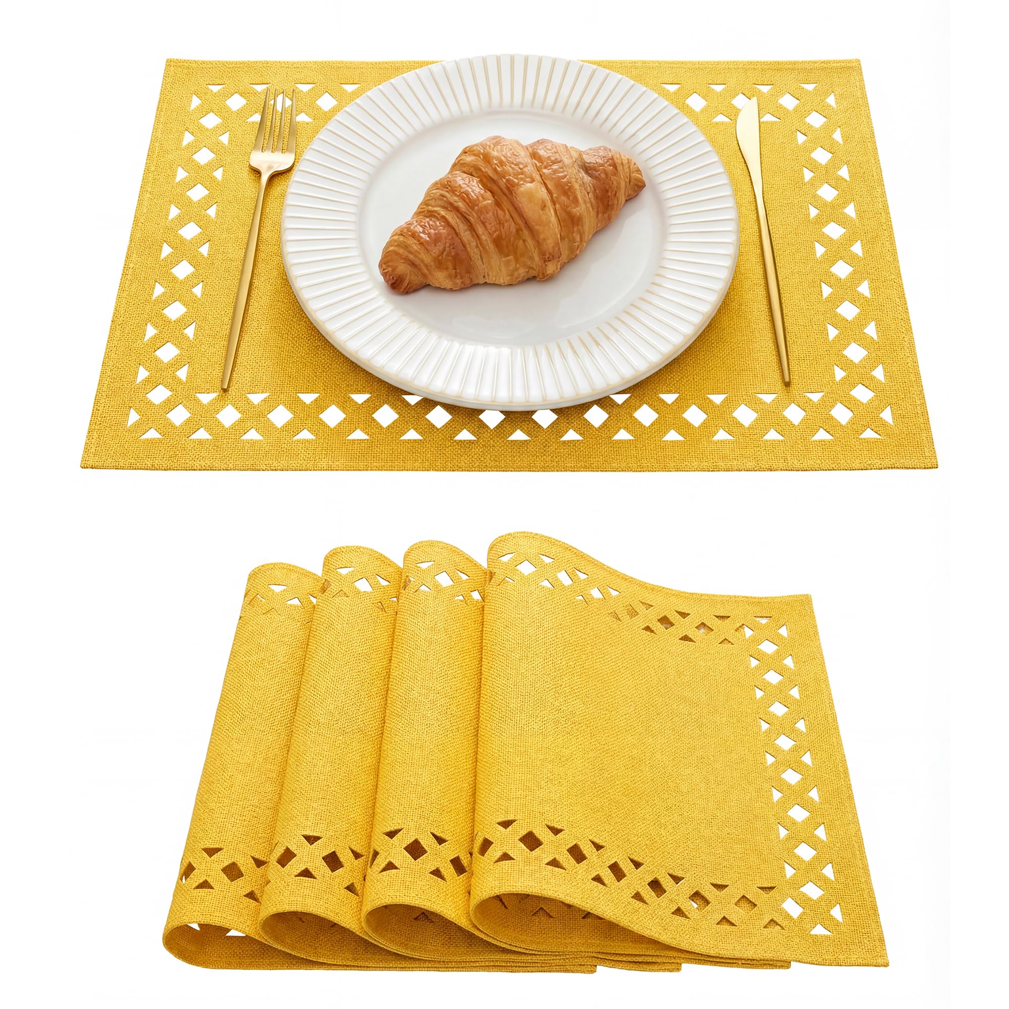 Artoid Mode Yellow Geometric Hollow Linen Summer Placemats 30x45cm Set of 4
