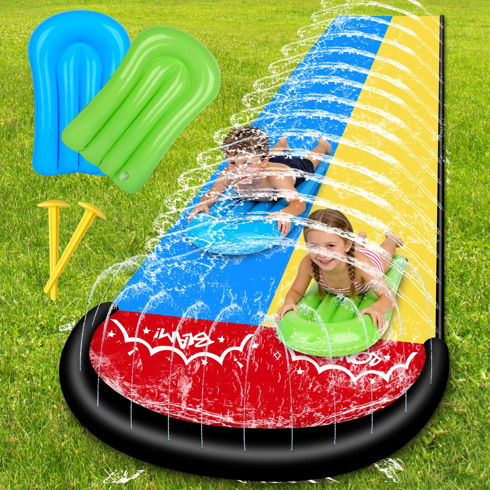 Toboggan Aquatique, 480 x 140cm Toboggan pour Pelouse Double Toboggan à Eau, Toboggan de Pelouse d'été avec Arroseur Intégré avec 2 Planches Gonflables pour Jeux d'eau en Extérieur