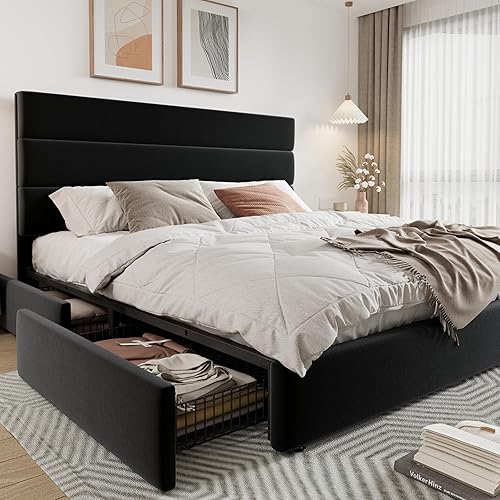 Miniatura 14 de Allewie - Base de cama moderna tamaño King con plataforma, 4 cajones de almacenamiento y cabecera tapizada en terciopelo, soporte de listones de