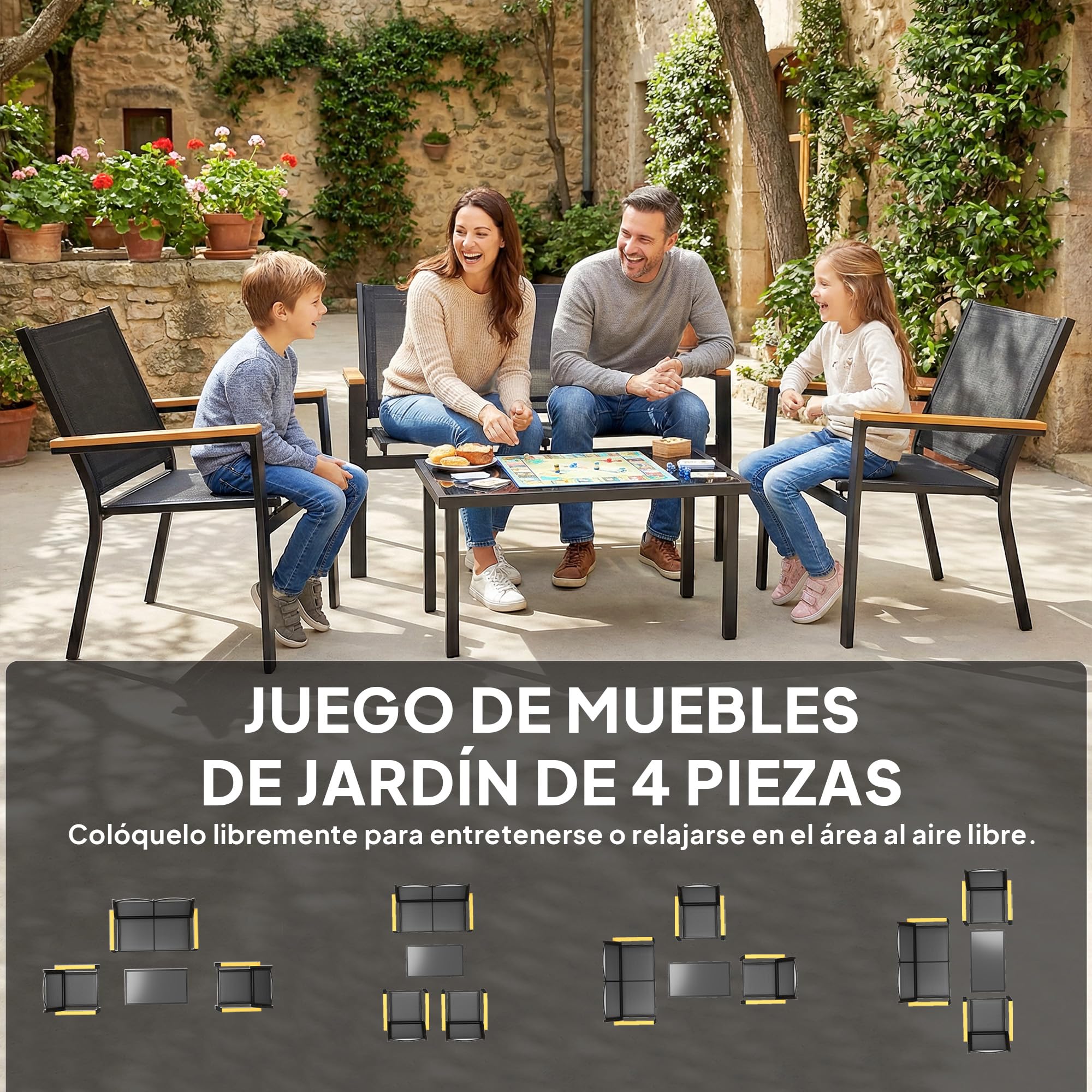 Outsunny Conjunto Jardín Exterior de 4 Piezas, Muebles Jardín Exterior con Sofá de 2 Plazas, 2 Sillones, Mesa de Cristal Templado, Tela Textilene, Reposabrazos Anchos, Negro