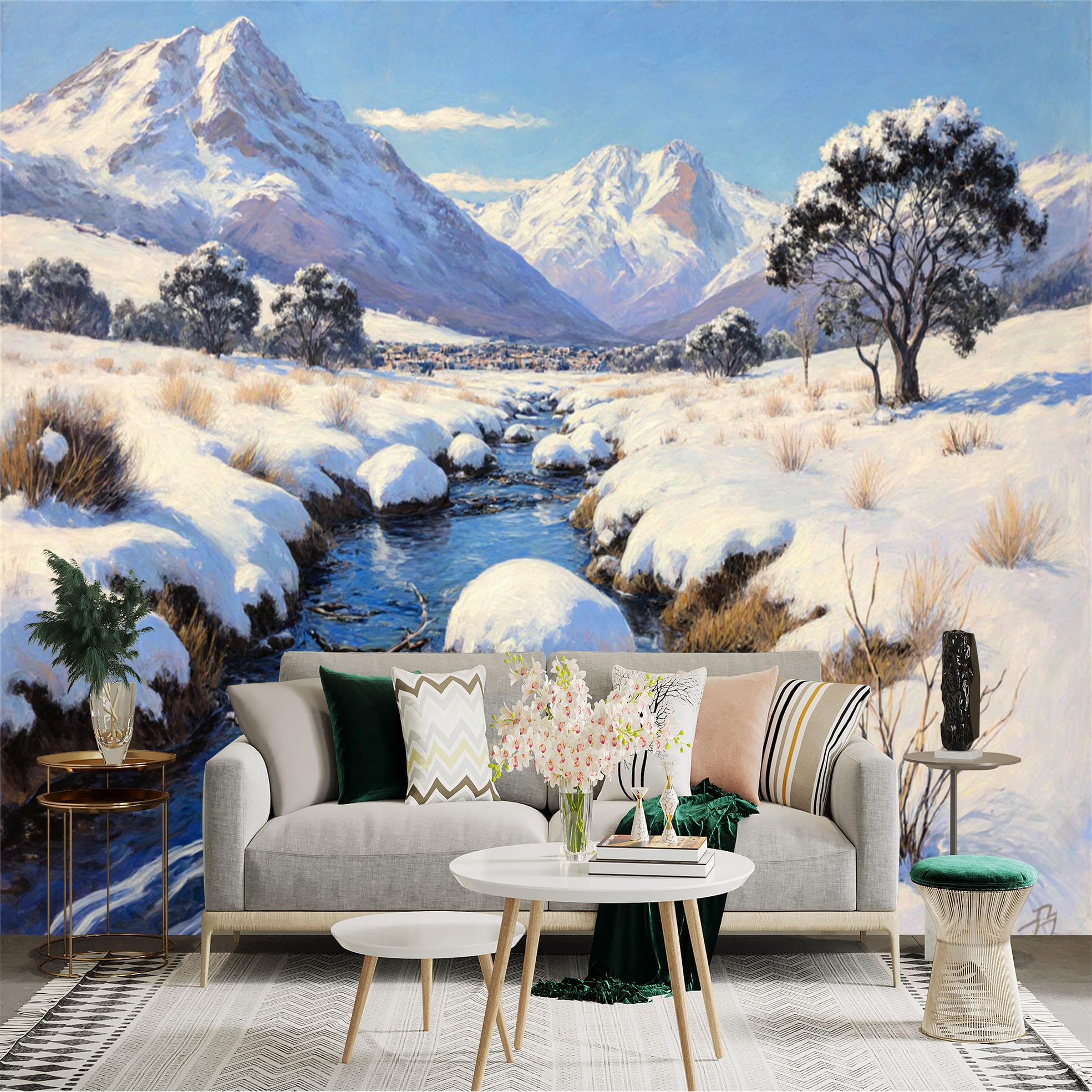 Lnzczhyre Xc260505580 Custom Size Wall Sticker Mural， Snowy Mountain Landscape With Flowing Stream， Winter River Scenery， For Wall Decoration， Peelandstick Wall Decals.
