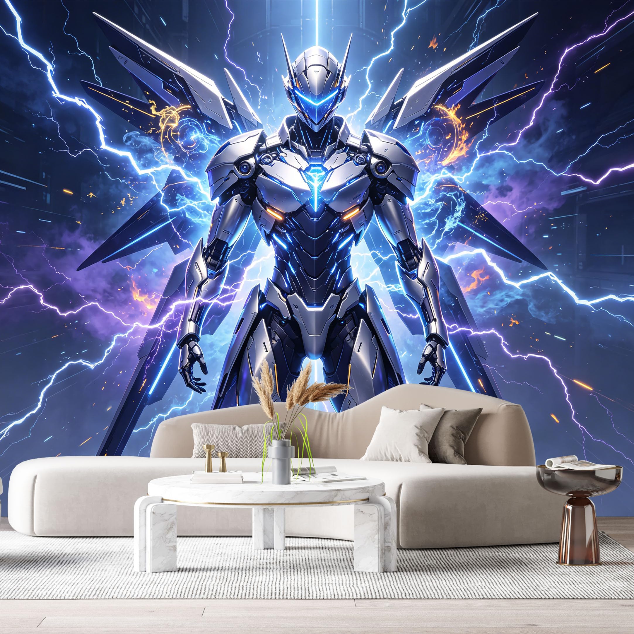 Custom Size Wall Murals Futuristic Mecha Warrior Cyberpunk 3D Trompe Loeil Electric Lightning Energy SelfAdhesive Wall Fabric Removable Large Wallpaper for Photo Living Room