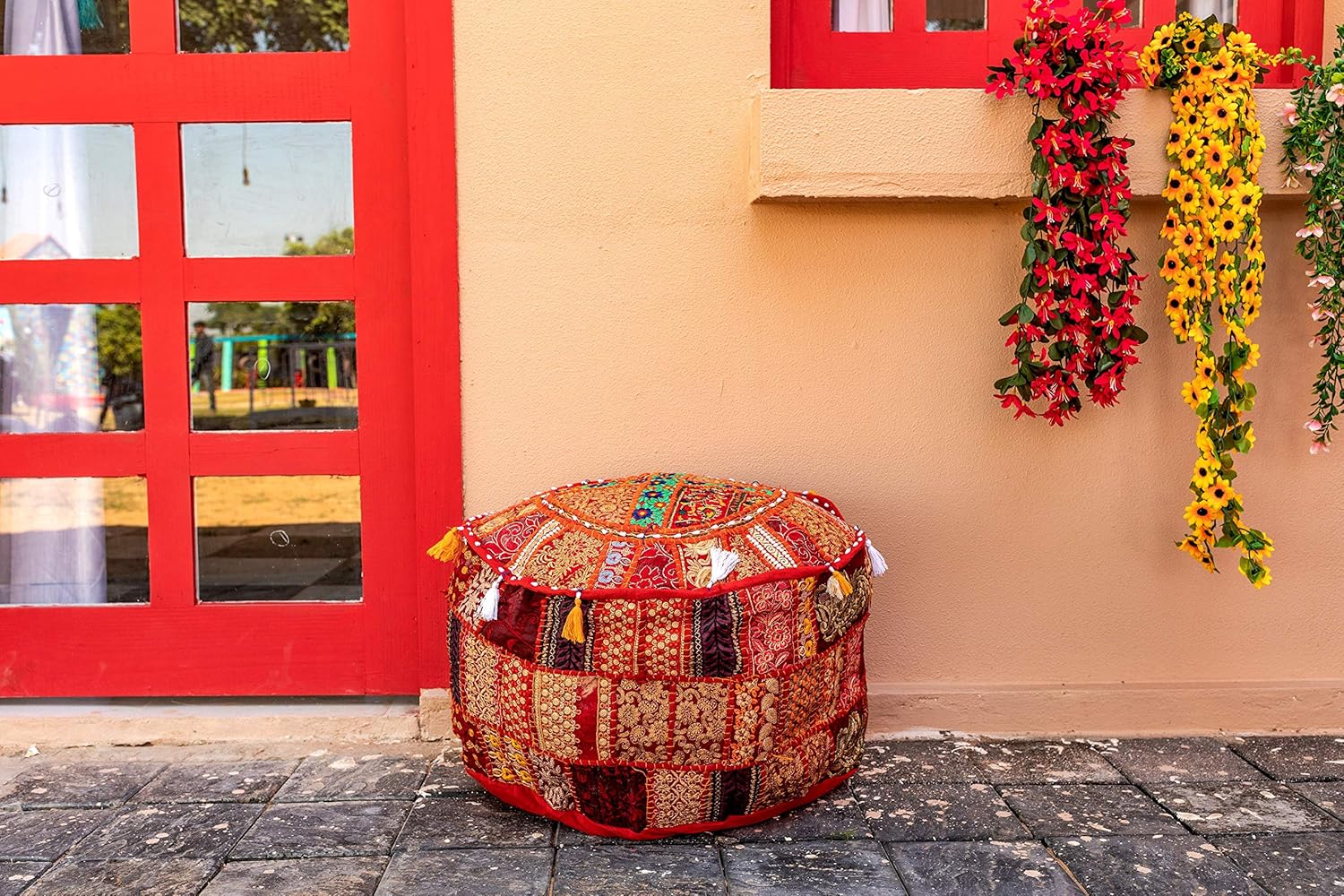 THE ART BOX Cotton Patchwork Vintage Boho Embroidered Bean Bag Seating Pouf Covers Ottoman Kids Stool Decorative Chair Boho Home Décor (14x22 Inches, Cover Only)