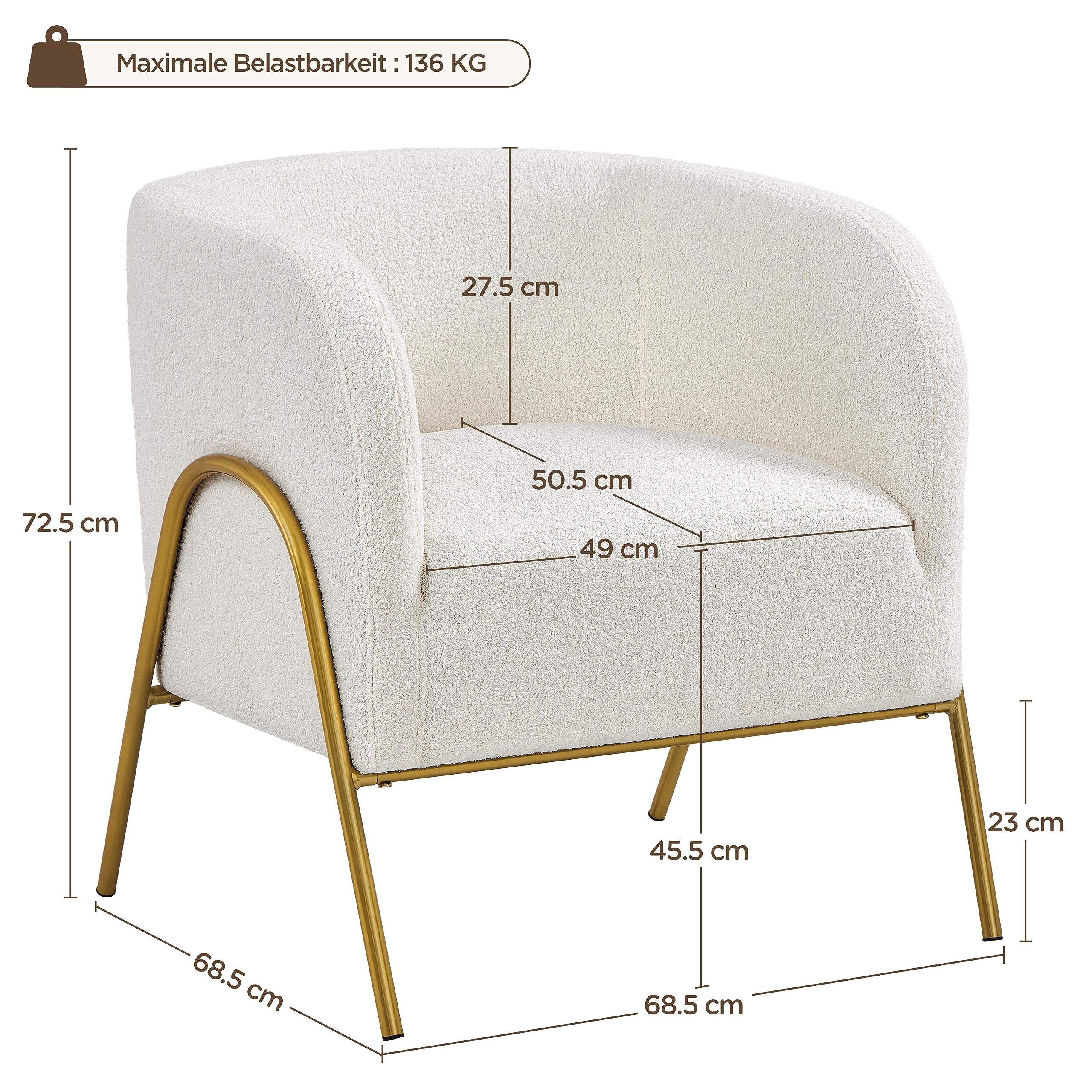 Yaheetech Fauteuil Loungestoel in schelpvorm, moderne gestoffeerde stoel met metalen poten, polyester, voor woonkamer/kaptafel/slaapkamer, set van 2, wit