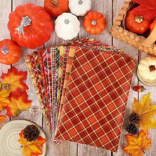 Miniatura 7 de AnyDesign 12 hojas de cuero sintético de Acción de Gracias, tela de cuero sintético con estampado a cuadros de búfalo, cuero verde, naranja, marrón,