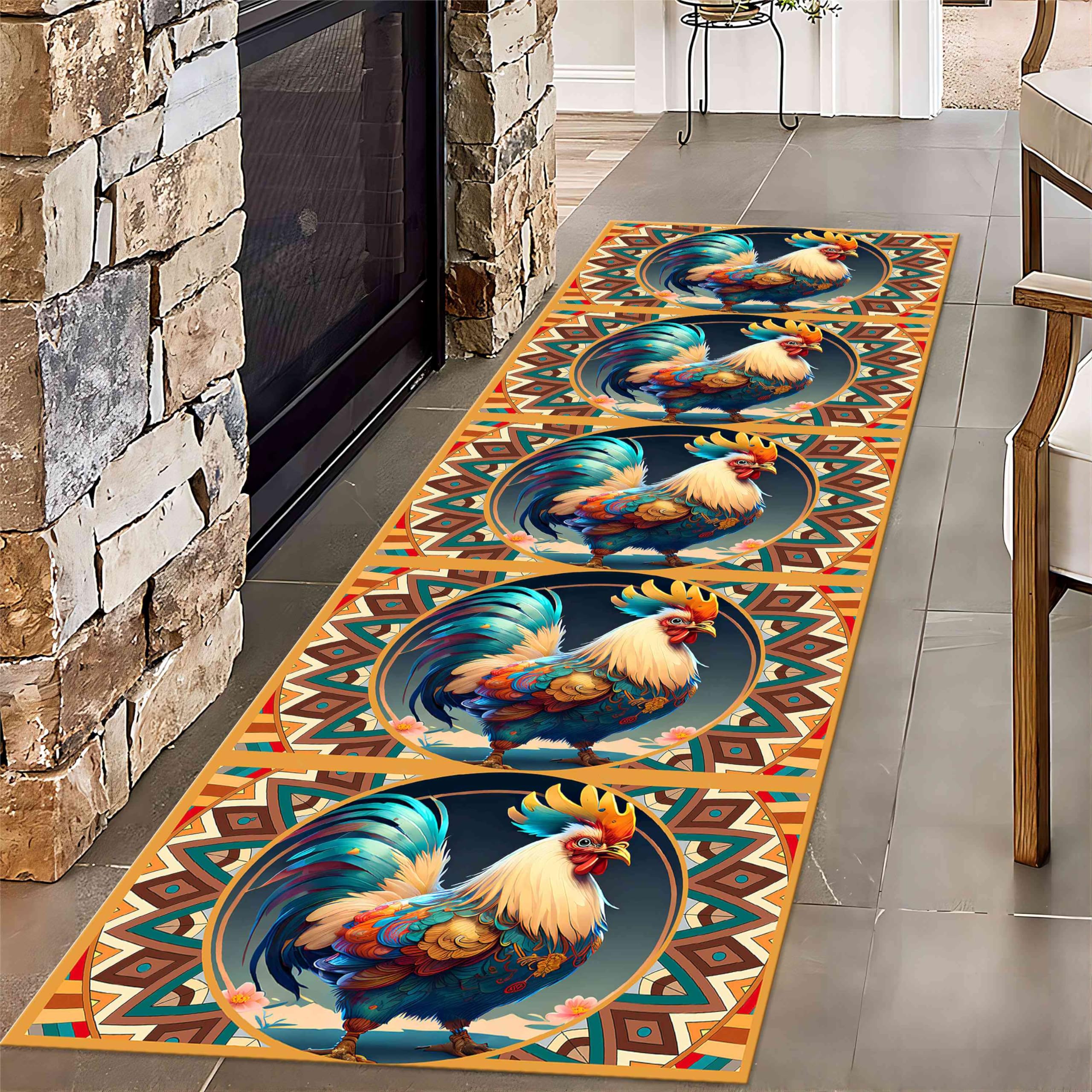 Fouiunler Rustic Lodge Rooster Runner Rugs, 2x7ft, Non-Slip Washable Farmhouse Hallway Rug, Western Country Chicken Kitchen Rugs,Corridor Runner Rug