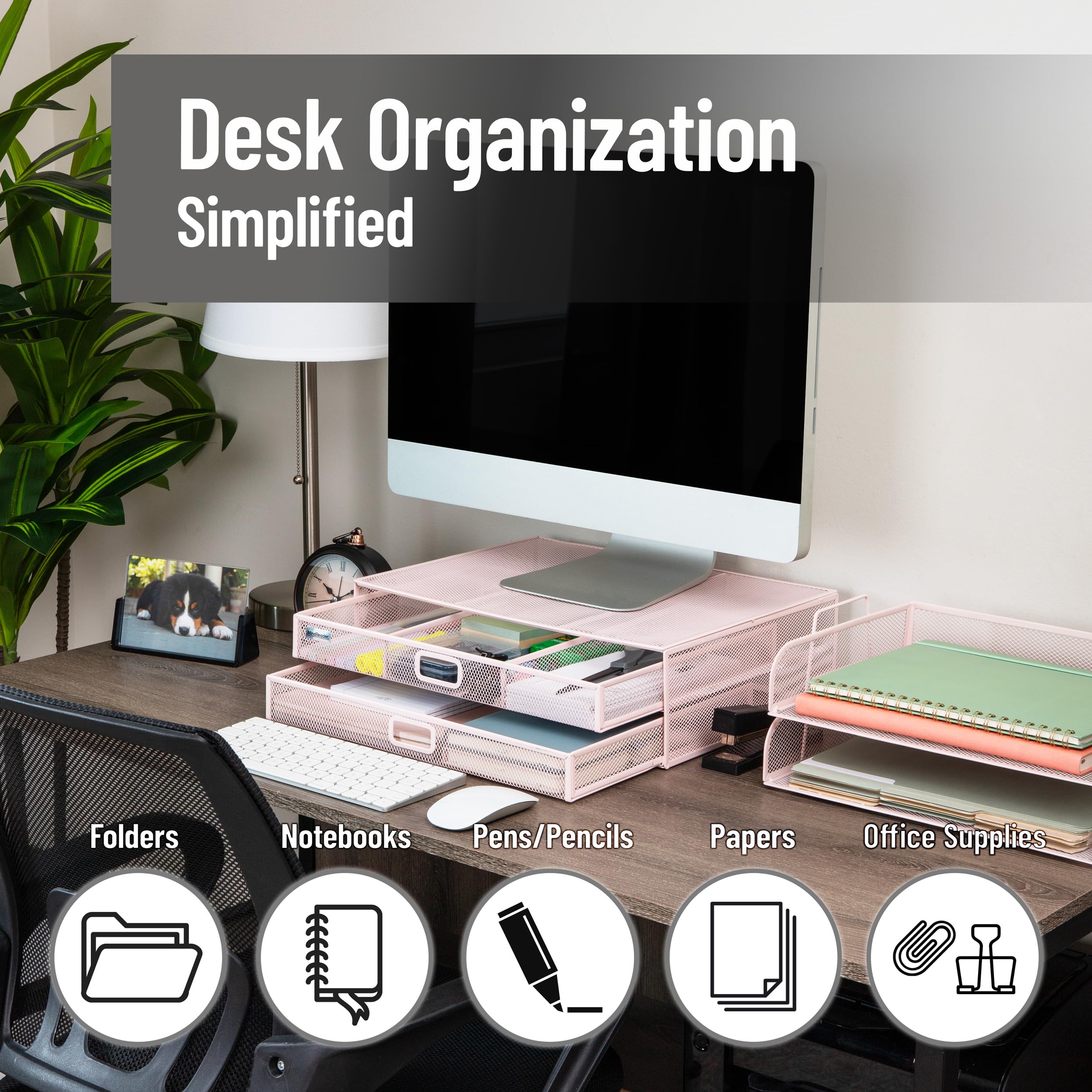 Mind Reader Supporto per monitor in rete con cassetto portaoggetti, alzata ventilata per laptop e organizer da scrivania, per ufficio, rete metallica, rosa