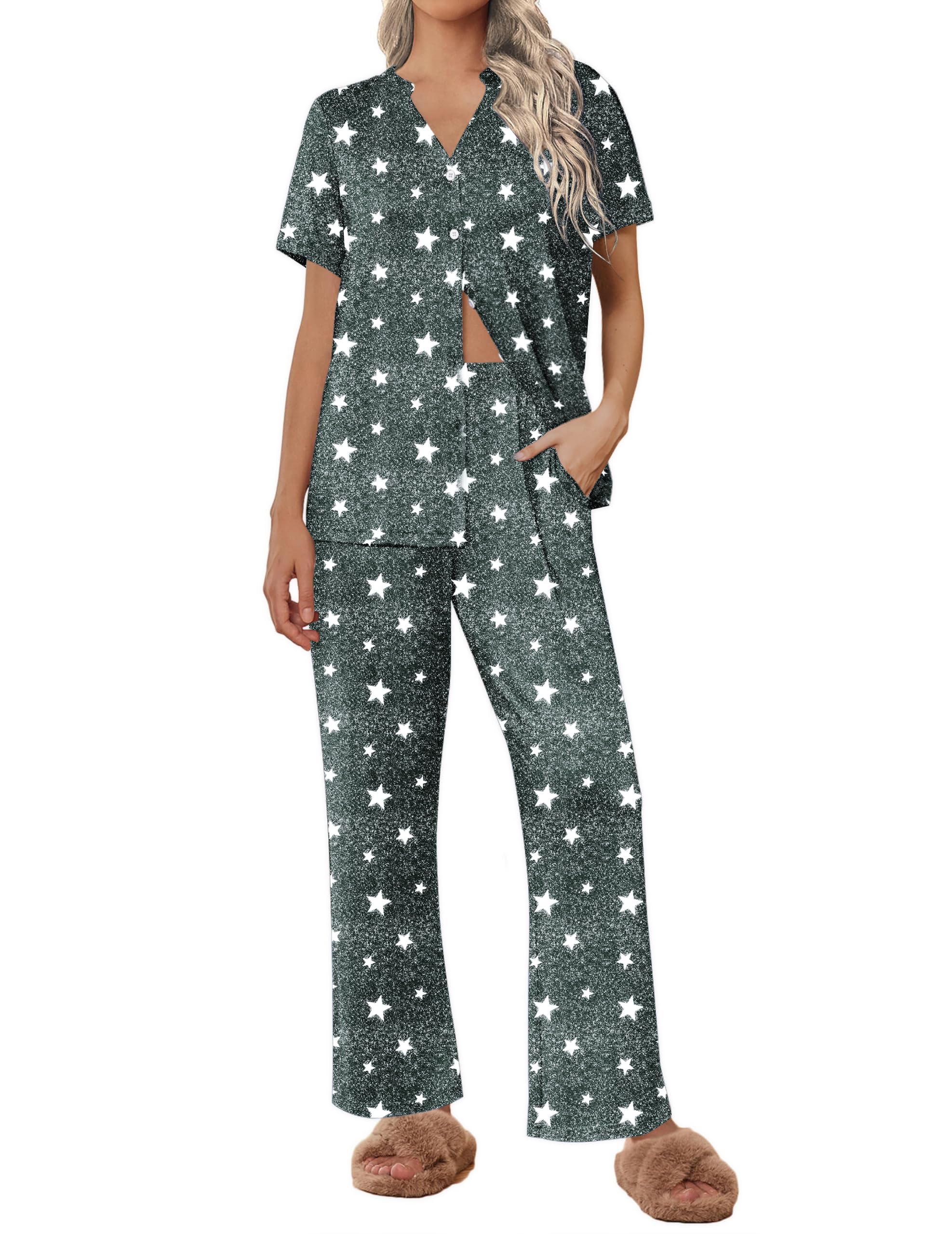 Ekouaer Women Pajamas Set Button Up Pj Sets Short Sleeve Sleepwear with Long Pants Soft Loungewear S-XXL