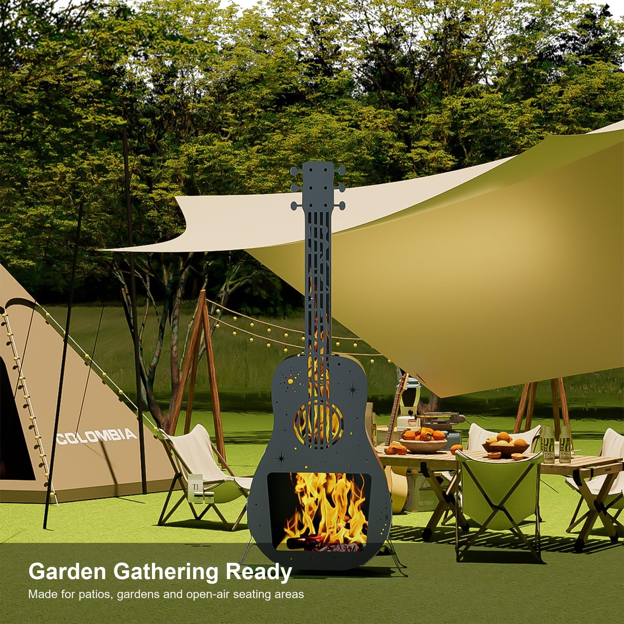 Camino da Esterno, braciere a Legna a Forma di Chitarra | Acciaio inossidabile, uso in campeggio e in giardino, ventilazione del camino, design for chitarra portatile