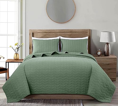 Chezmoi Collection Madrid - Juego de edredón de 3 piezas, 100% algodón, tamaño King, color salvia, acolchado, ligero, vintage, de algodón lavado,