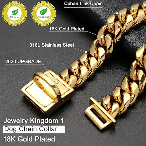 Miniatura 3 de Jewelry Kingdom 1 Collar de cadena de oro para perro con etiqueta de identificación de perro, cadena de eslabones cubanos de acero inoxidable de 18