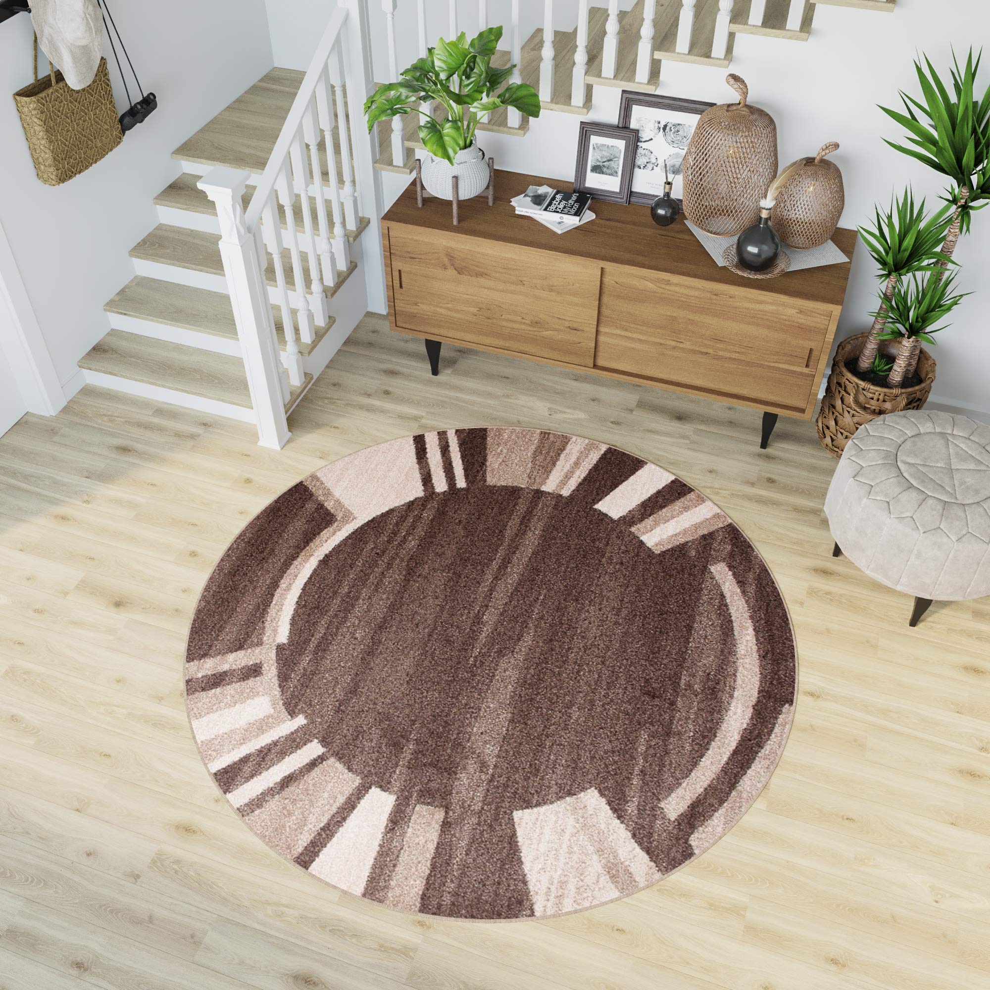TAPISO Sari dywan okrągły, ciemnobrązowy, beżowy, nowoczesny, w paski, melanż, do salonu, sypialni, Ökotex 150 x 150 cm