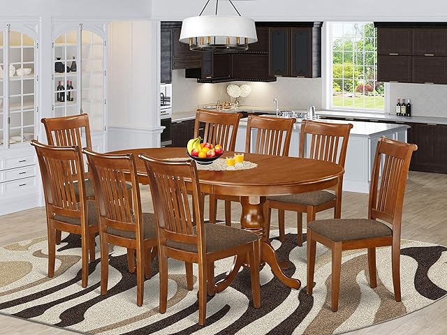 East West Furniture Plainville 9 Piece Kitchen Set Includes an Oval Table with Butterfly Leaf and 8 Linen Fabric Upholstered Dining Chairs, 42x78 Inch, Saddle Brown