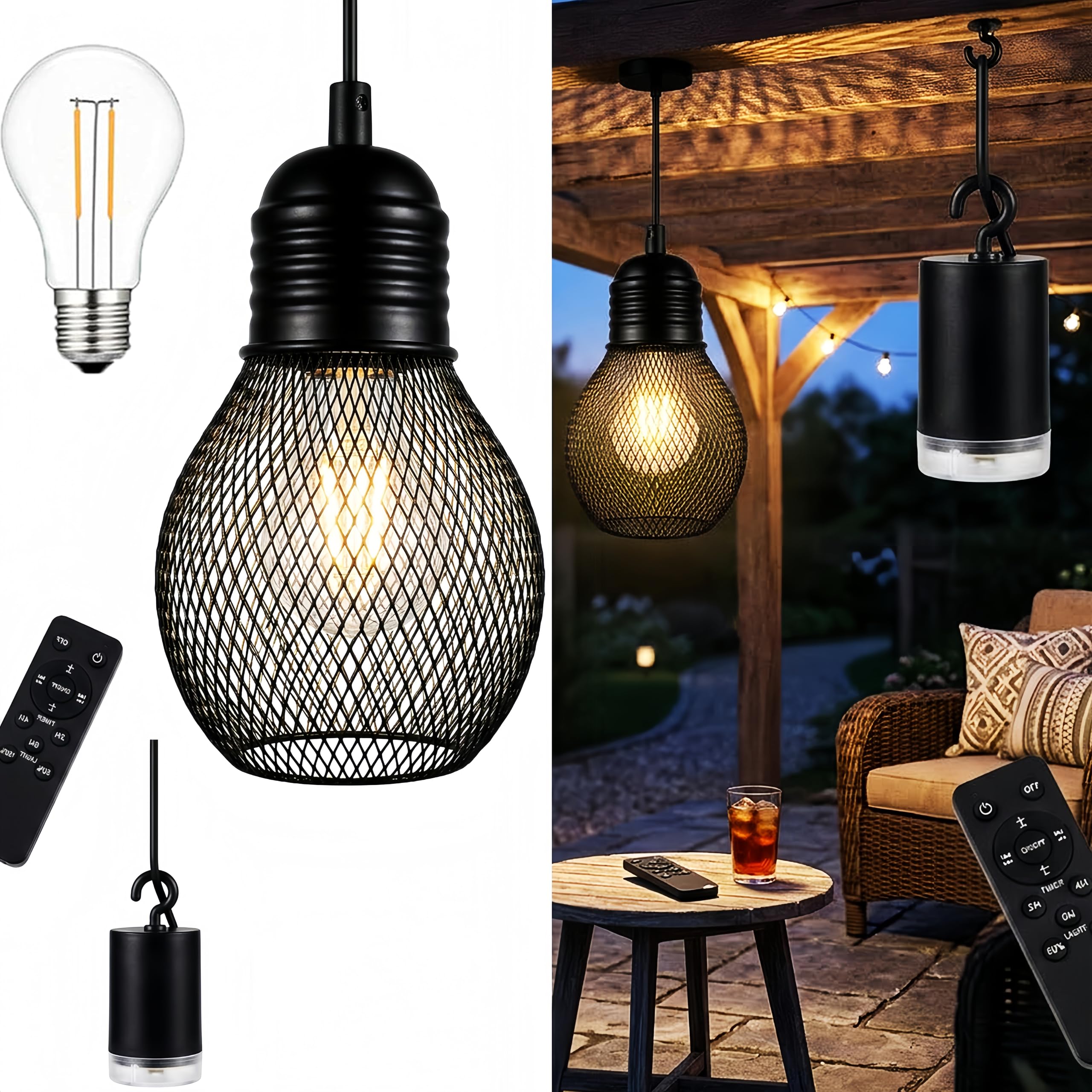 Lampada a sospensione a batteria con telecomando impermeabile, 4 batterie AA, per gazebo, pergolato, portico, patio, interno/esterno, nero