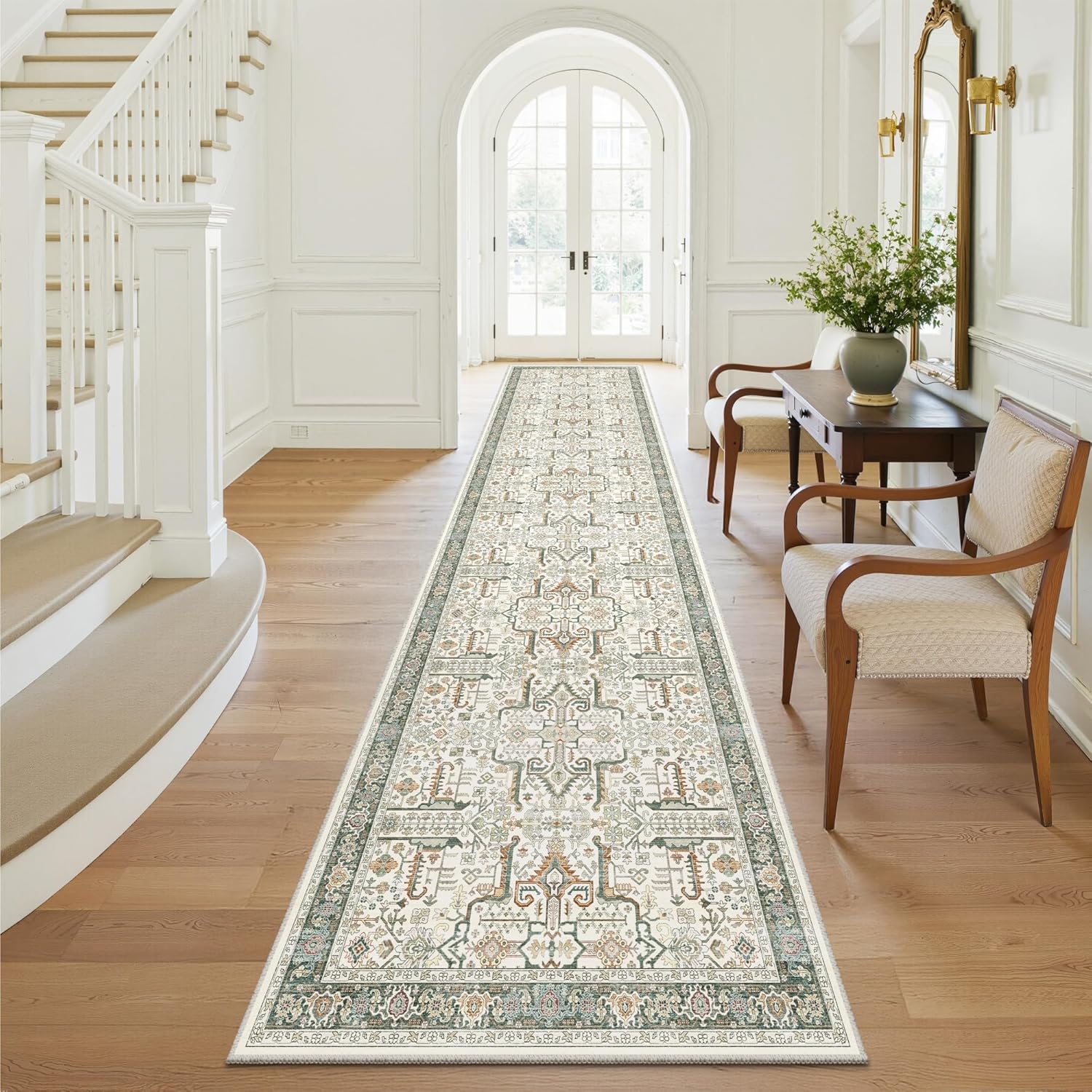 Hallway Washable Runner Rug 2x10 - Non Slip Vintage Kitchen Runner Rugs for Entryway Low-Pile Waterproof Long Runners for Living Room Bedroom Medallion Indoor Floor Mat for Bathroom Laundry Green