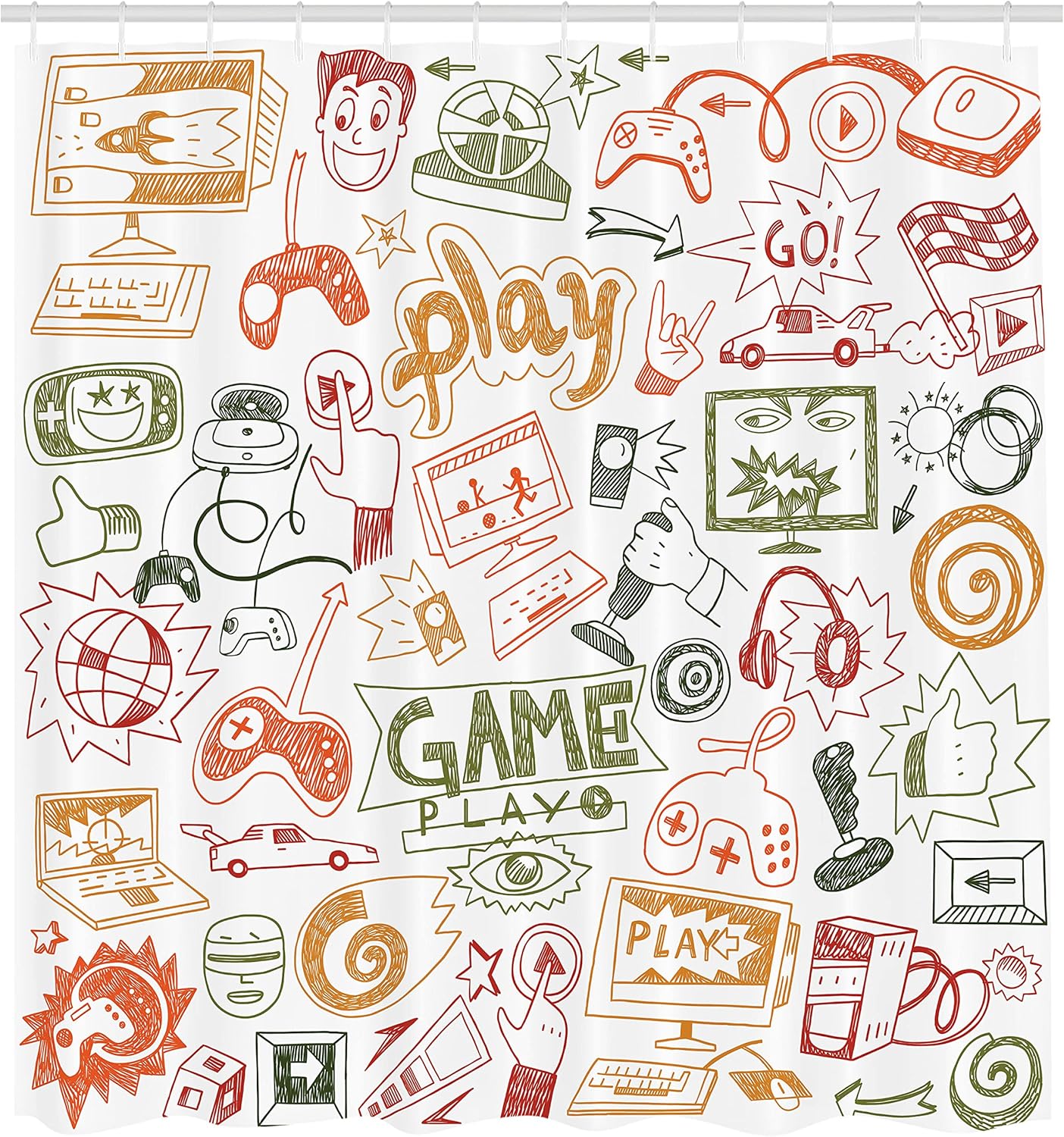 Ambesonne Video Games Shower Curtain, Monochrome Sketch Gaming Design Racing Monitor Device Gadget Teen 90's, Cloth Fabric Bathroom Decor Set with Hooks, 69" W x 70" L, Fern Green