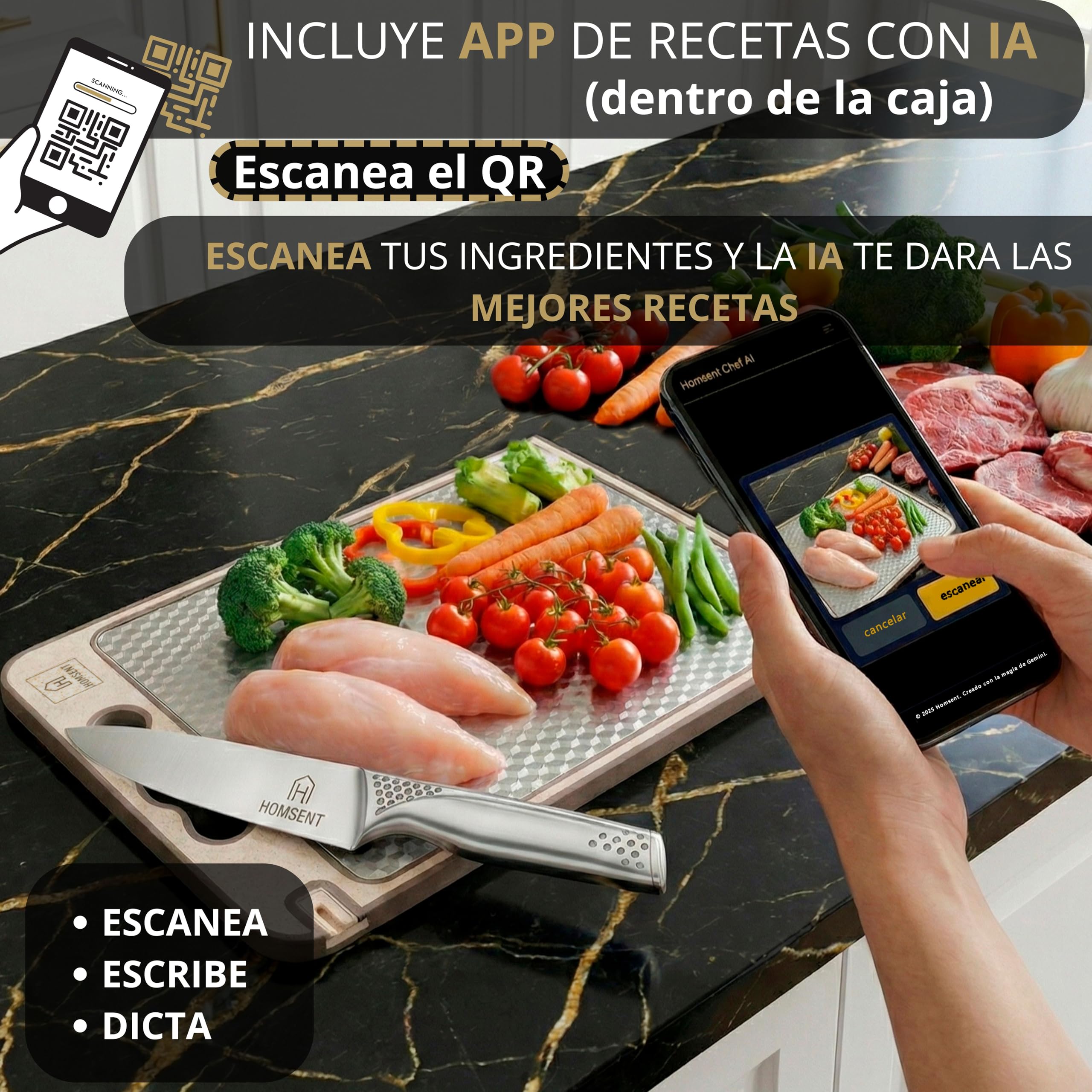 Set Cuchillo Chef 8" + Tabla Cortar Doble Cara | Afilador Integrado | |Antideslizante | Recetario con IA | Acero Inoxidable 304 y Fibra | Regalo Cocina | HOMSENT